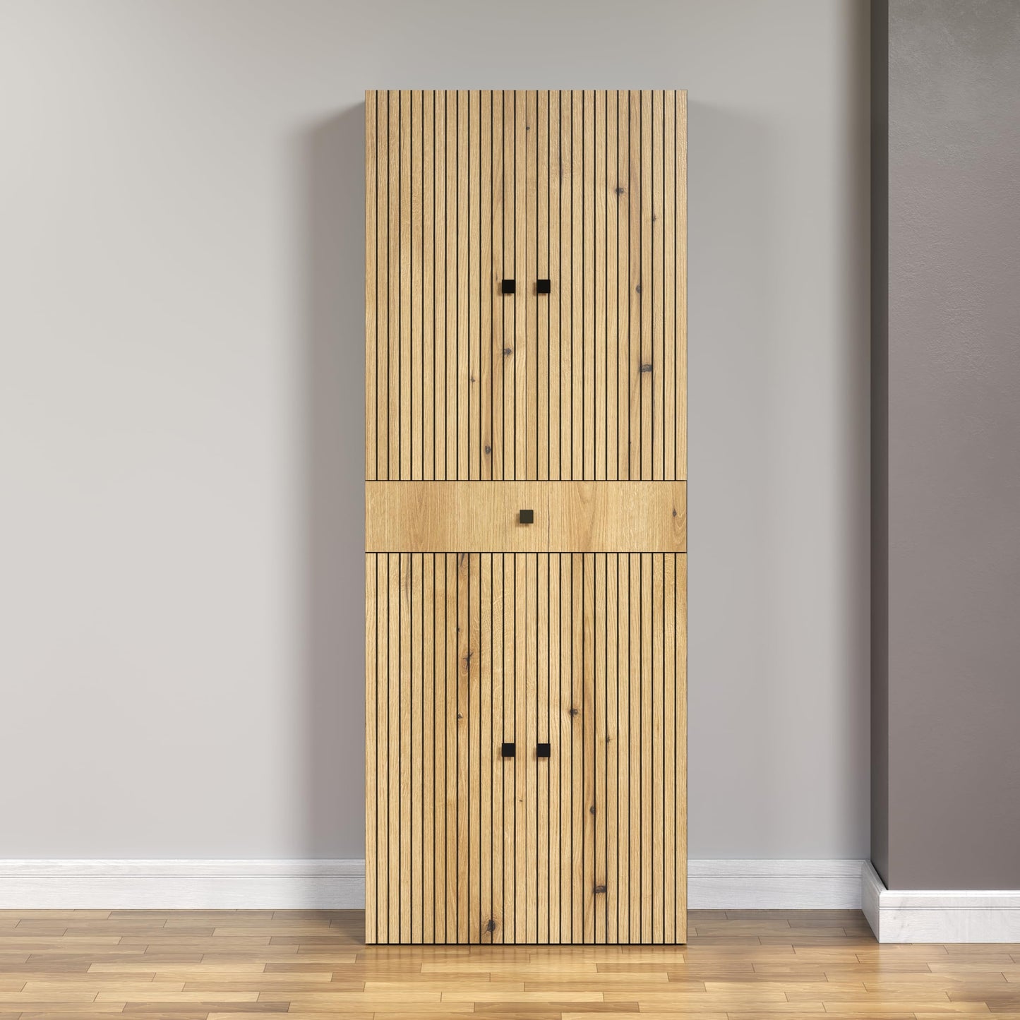 trendteam smart living - PureBliss - Hochschrank - Eiche - Badezimmerschrank in moderner Rillenoptik - edle Metallgriffe - (BxHxT) 40 x 186 x 31 cm - 2 praktische Einlegeböden - kratzfest