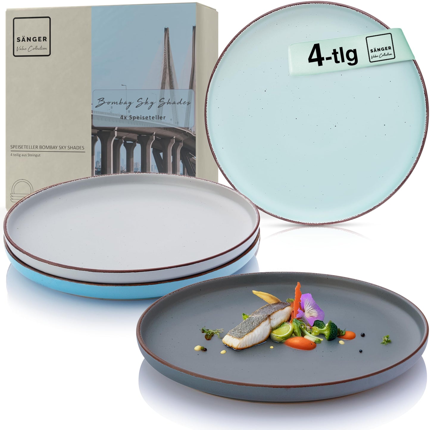 SÄNGER Bombay Seabed Crockery Service 20 Pieces, Stoneware Crockery for 4 People, 4 x Dinner Plates, 4 x Dessert Plates, 4 x Bowls, 4 x Pasta Plates, 4 x Coffee Mugs, Plate Set Colourful Value