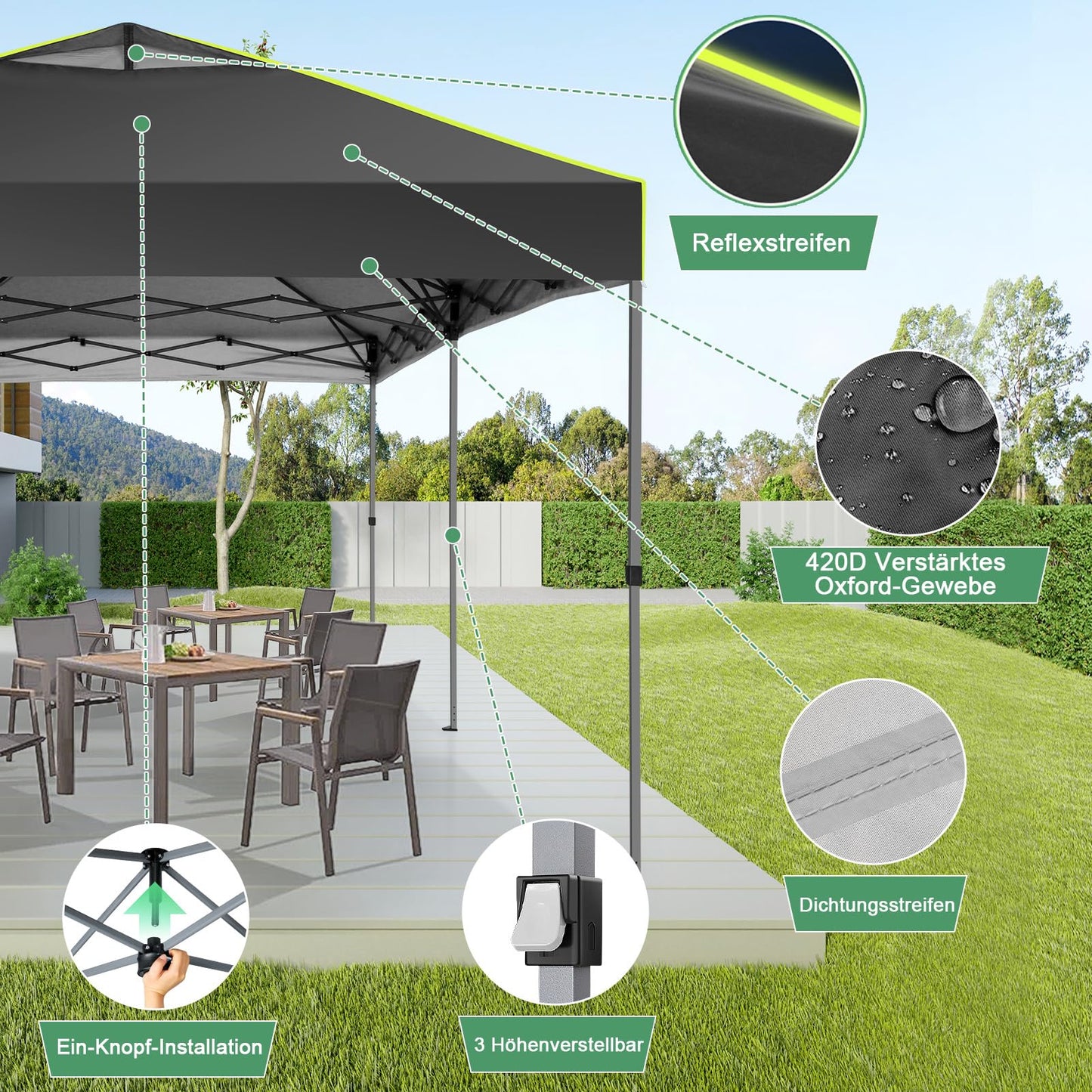 COBIZI Faltpavillon 3x6 Pavillon wasserdicht Winterfest, Ein-Tasten-Zentralverriegelung Partyzelt Faltbar Anti-UV mit 6 Seitenwänden, Gartenpavillon mit Leuchtstreifen für Hochzeiten, Freien, Garten