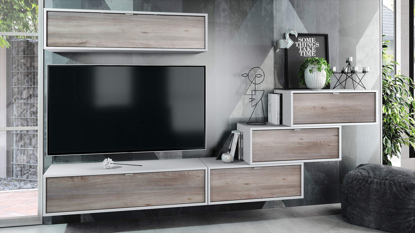 Vladon Lana V1 Wall Unit Made of 5 Hanging Elements with 12 Compartments, Made in Germany, Body in Matte White, Fronts in Bordeaux High Gloss, Large Choice of Colours