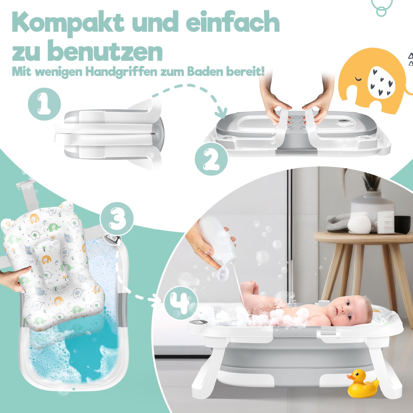 KIDIZ® Baby Bathtub, Baby Bathtub, Space-Saving & Foldable, Bath Tub, Shower Tray for Newborns, Toddlers, 0-24 Months, Portable Travel Shower for Babies, Ergonomic Bathtub with Thermostat and