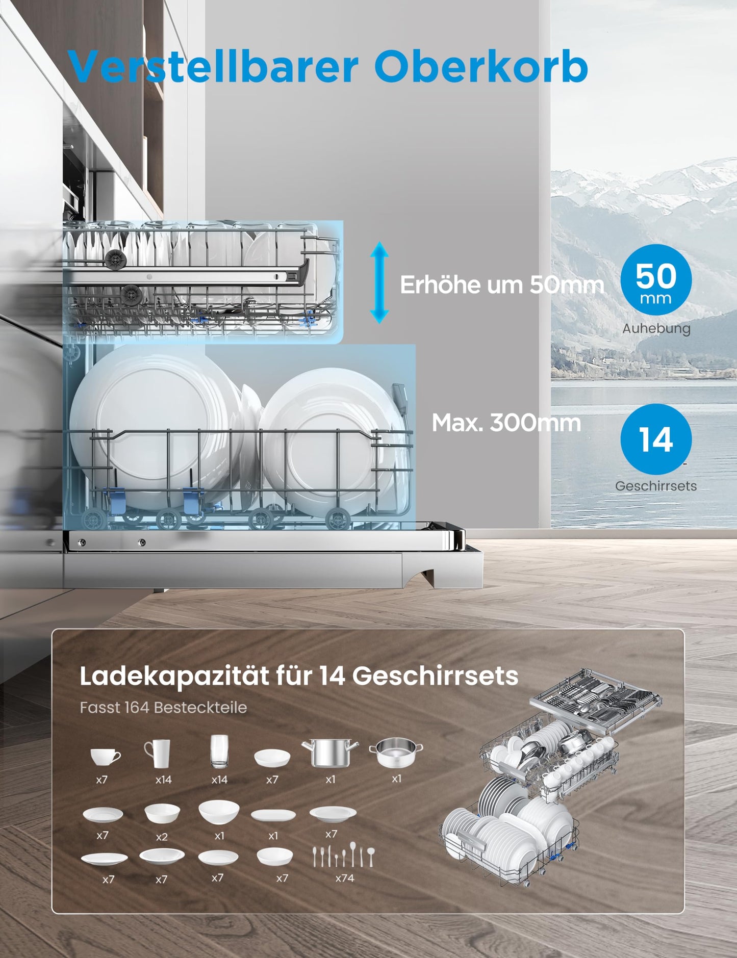 Midea SU 5.35X14CS Dishwasher Base, 14 MGD, Dishwasher 60 cm, Home Connect, Hygiene Care+, Machine Care +, Extra Drying, Half Load, 44 db, Start Delay, Stainless Steel