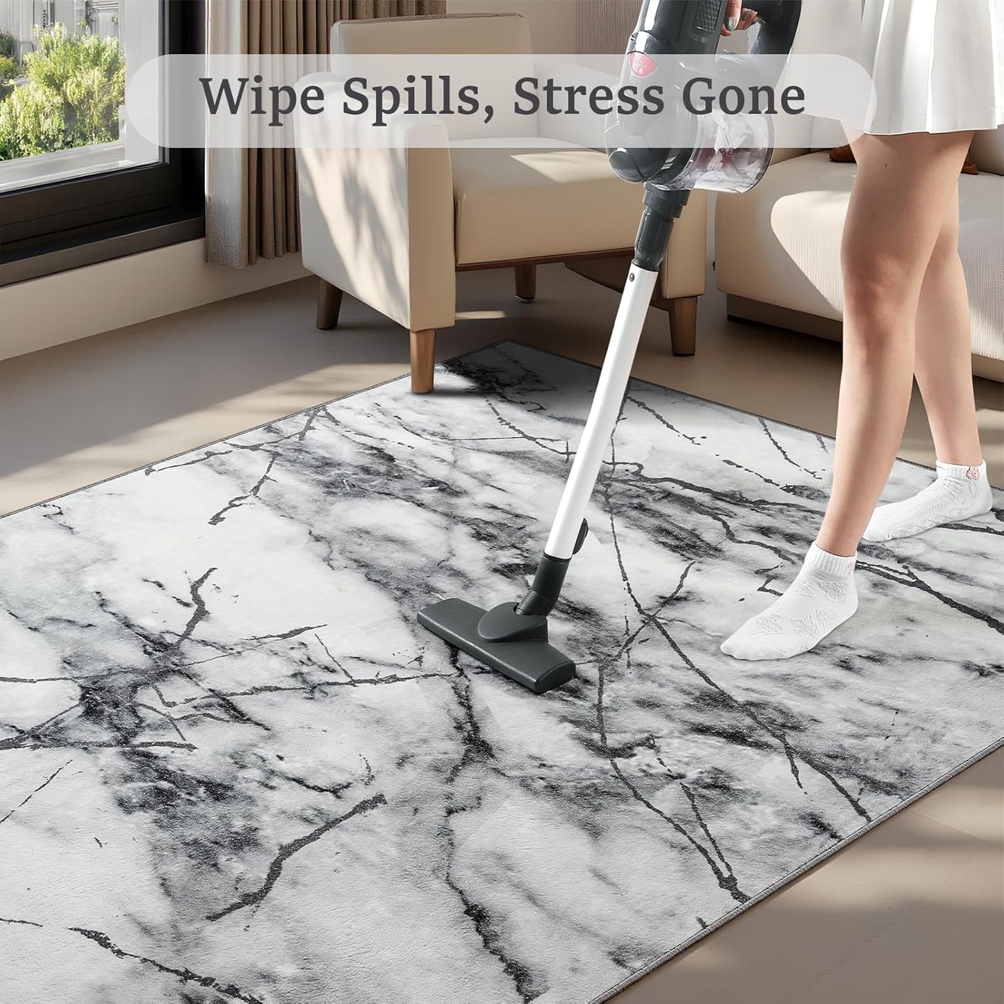Abstract Area Rug 5x7 Washable Rug with Non-Slip Backing Low Pile Area Rug Area Rugs for Living Room, Bedroom, Dining Room, Silver&Grey