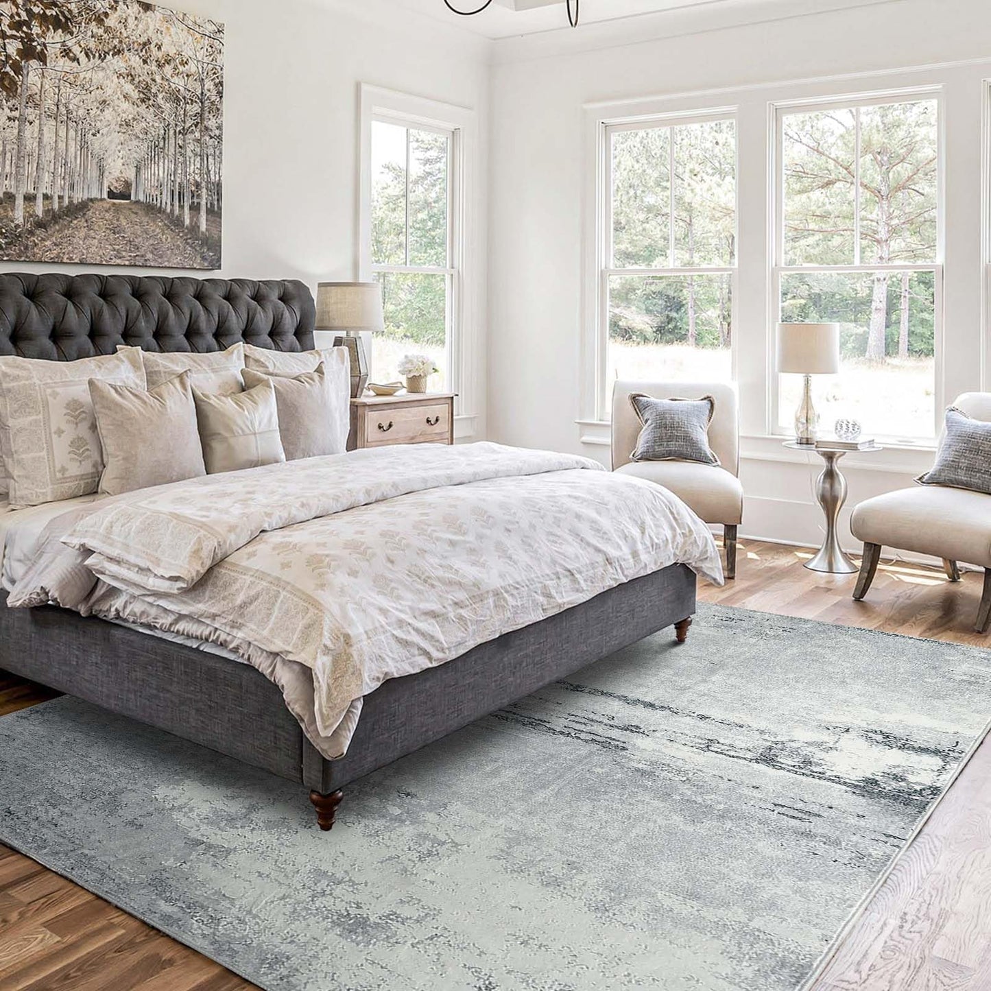 Guchuang Bedding Living Room Rug 140 x 200 cm, Grey Green Rug Vintage Mottled Smudged Design Short Pile Rugs, Washable Non-Slip Rugs for Bedroom