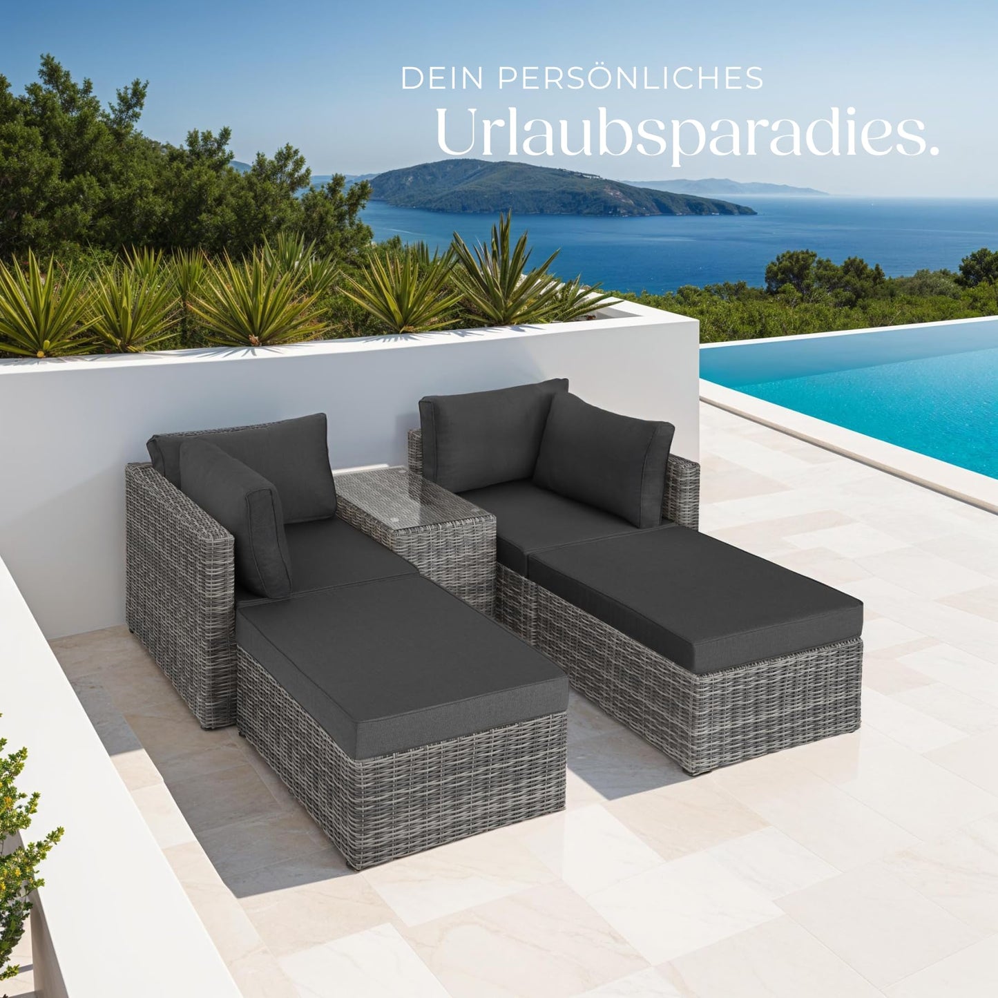 tectake® Luxus Rattan Lounge Set Outdoor, modulares Sofa mit Couch Tisch und Hocker, Balkon Möbel, Garten, Terrasse, Gartenmöbel Set wetterfest, Balkon Lounge, Gartenlounge - Natur