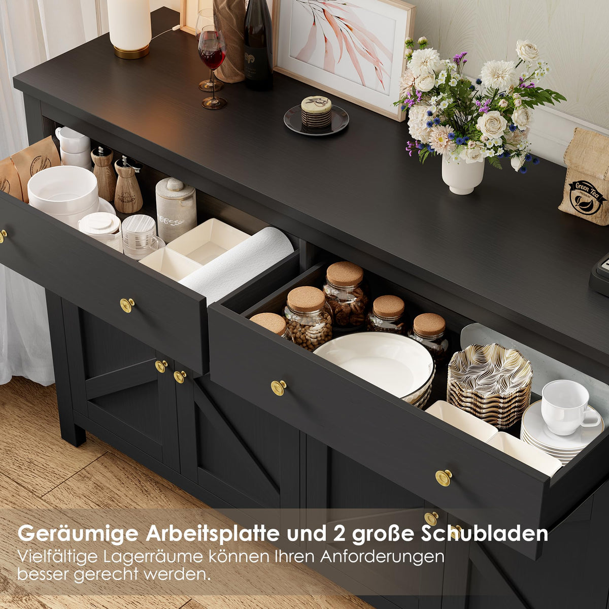 FirFurd Sideboard 140 cm Wide Kitchen Cabinet with Worktop Buffet Cabinet with 2 Drawers 4 Doors Kitchen Buffet with Adjustable Shelves for Living Room Kitchen Dining Room 140 x 40 x 89 cm White