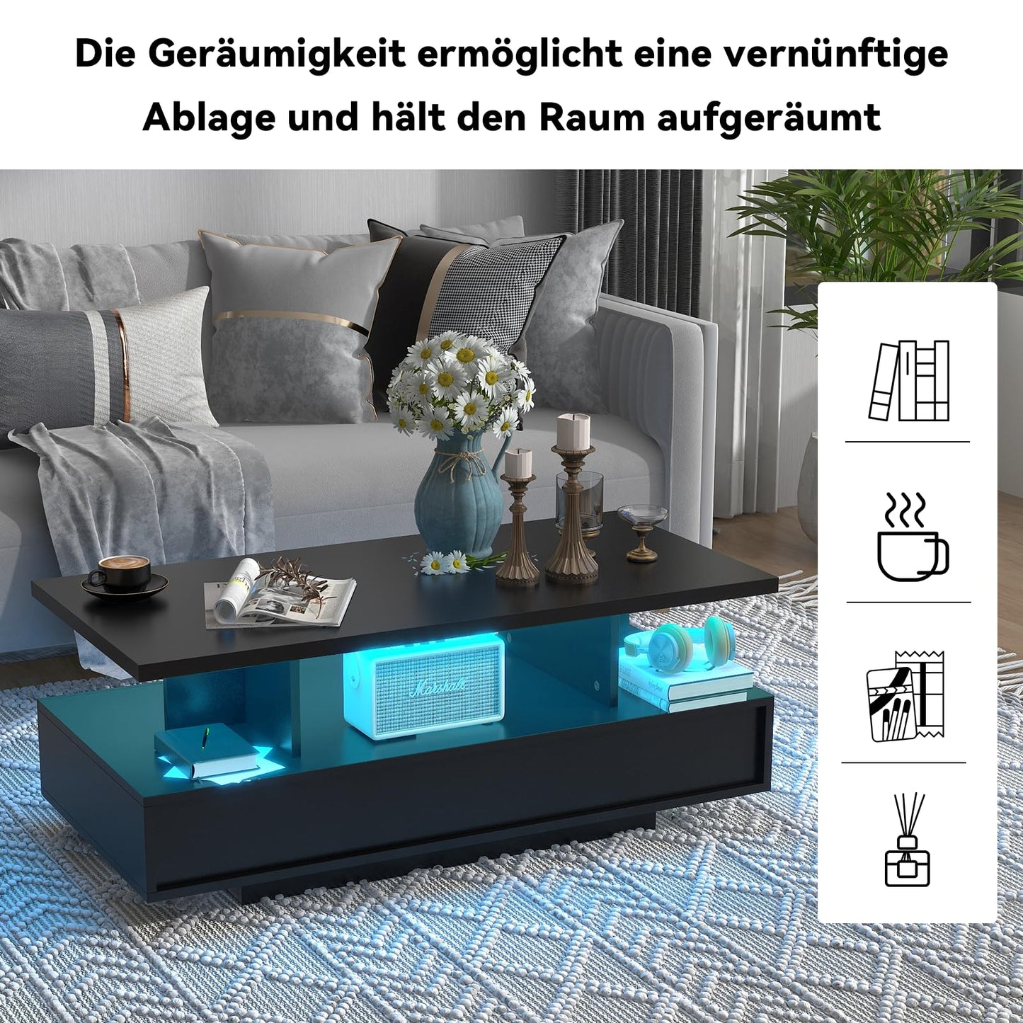 YU YUSING LED Coffee Table, Living Room Table, Coffee Table with 2 Drawers, 2 Shelves, 6000 Coloured LED Lighting, Remote Control, App Control, Side Table with Open, 105 x 50 x 39 cm, Modern White