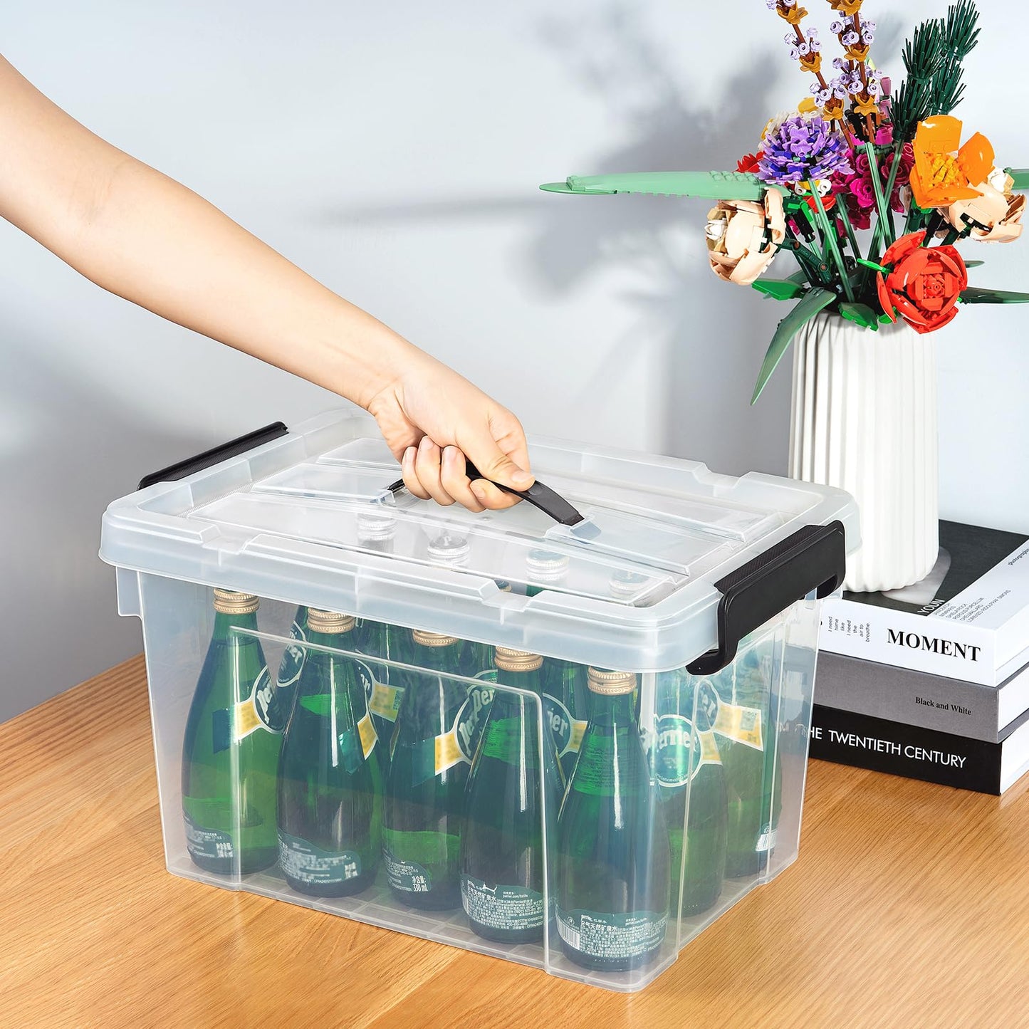 Cetomo 45 L x 3 Storage Boxes, Portable Plastic Boxes with Lids, Organiser Container with Handle and Clips, Stackable, Nestable, for Home and Office, Transparent, 45 L, Pack of 3