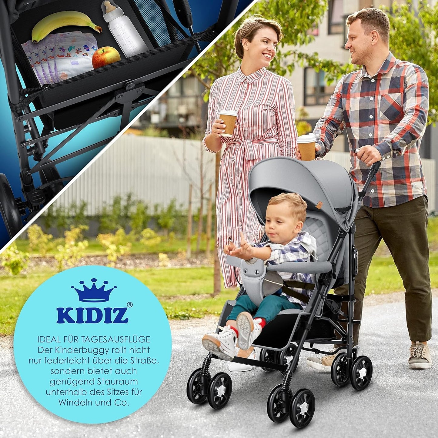 KIDIZ® City-Pro Pushchair Folding Pushchair Pushchair Sports Pushchair Foldable 360° 6 Inch Wheels Includes Mosquito Net, Footmuff and Rain Cover Foldable Sleep Function Blue