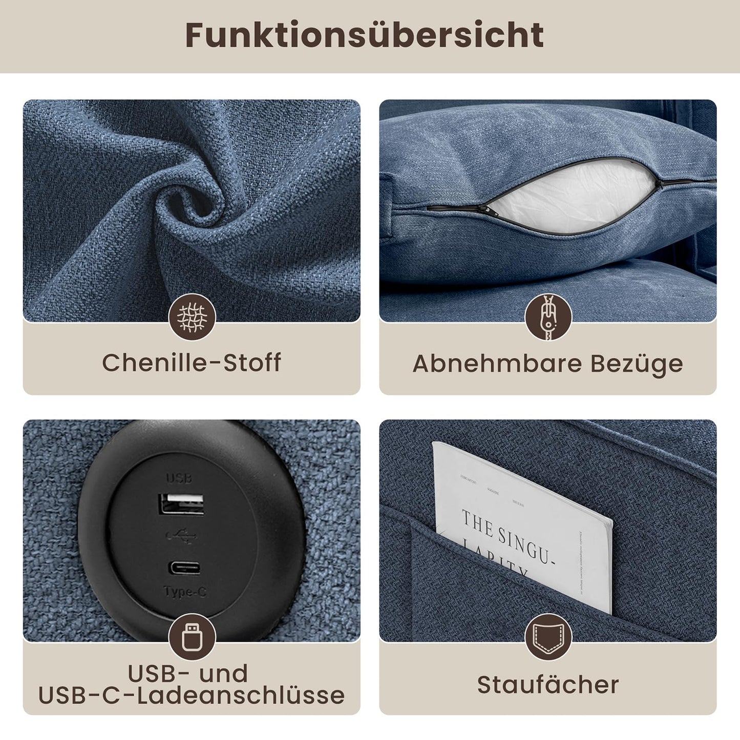 DUANDUAN 250CM Convertible Sektionssofa Couch mit Chaise Lagerung, Moderne L-förmige Reversible Design, Bequeme Chenille Stoff, abnehmbare Kissenbezüge USB Typ-C Ports Wohnzimmer(Beige)