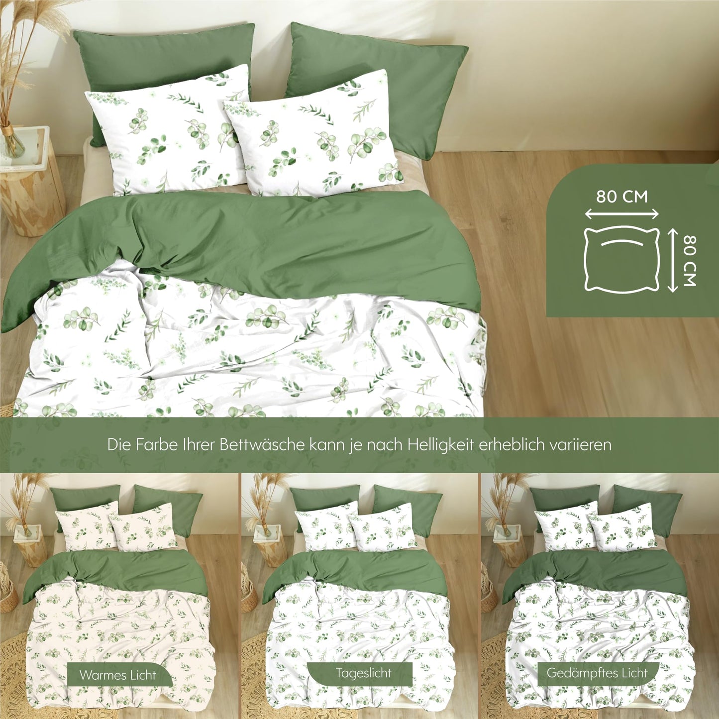 Dreamzie Bed Linen Set 155 x 220 cm with 2 Pillowcases 80 x 80 cm, Botanic Motif Sage Green, Adult Bed Linen, 155 x 220 cm, Made of 100% Microfibre, Certified, No Chemicals (OEKO TEX)