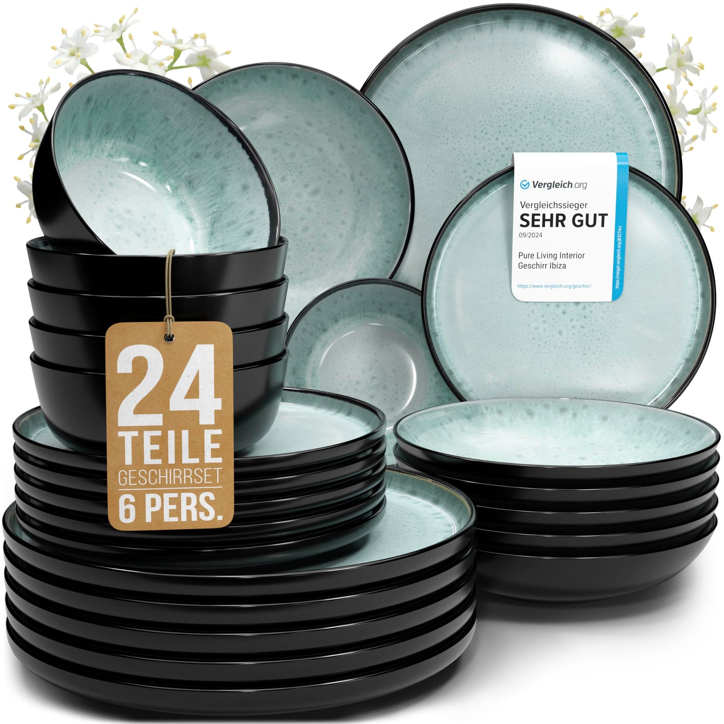 Pure Living Ibiza Stoneware Crockery Set for 12 People, 36-Piece Mediterranean Stoneware Tableware Set, ‘Very Good’ in Test, Bowl and Plate Set, Dinner Service for 12 People, Petrol