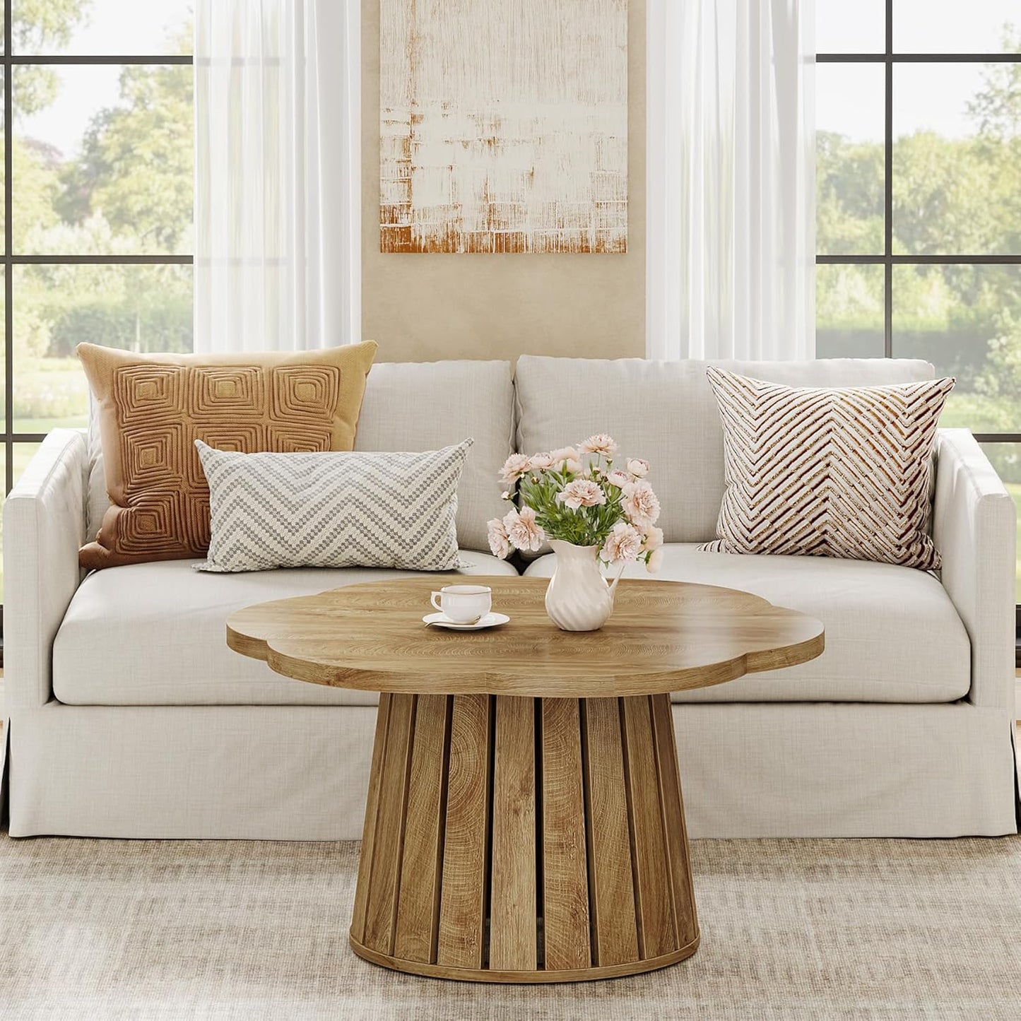 Tribesigns Round Coffee Table 85cm Country Style Living Room Table with Flower Shaped Table Top, Cocktail Table with Wood Accents and Aesthetic Slatted Base Design for Small Spaces, Living Room