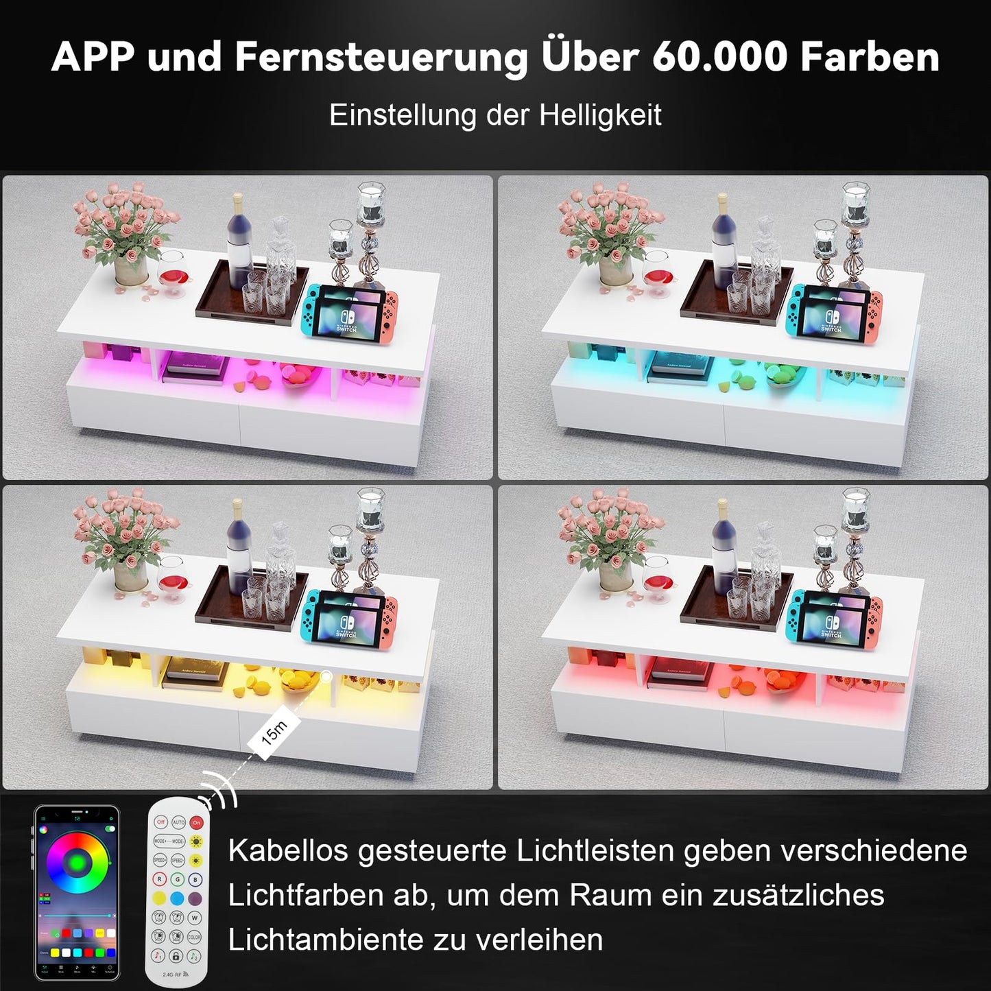 YU YUSING LED Coffee Table, Living Room Table, Coffee Table with 2 Drawers, 2 Shelves, 6000 Coloured LED Lighting, Remote Control, App Control, Side Table with Open, 105 x 50 x 39 cm, Modern White