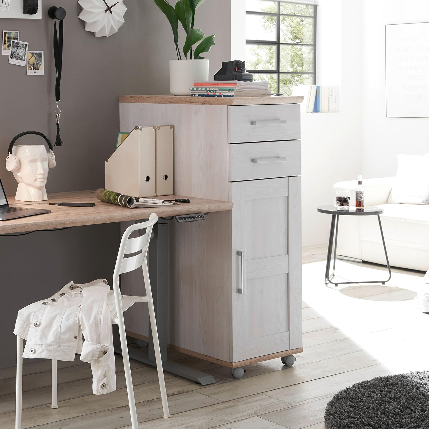 DEINE TANTE EMMA 39-015-D4 Romance Sibiu Larch White / Sanremo Oak Nb. Desk Angle Work Table Office Table Approx. 177 x 76 x 130 cm