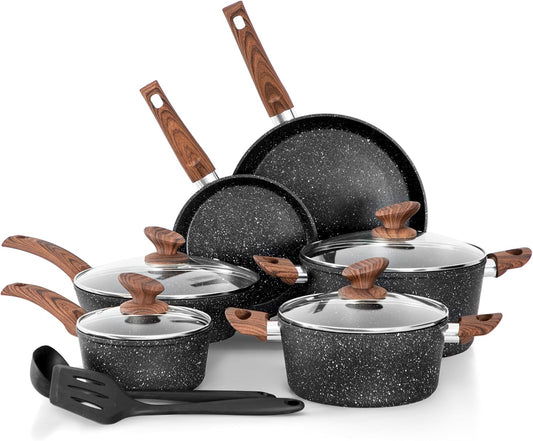 Topf und Pfannenset Topfset 12tlg Antihaft-Versiegelung Kochgeschirr Set mit Deckel, Töpfe und Pfannen set für Induktion, Gasherde und Mikrowelle, Induktions Töpfe Set Schwarz