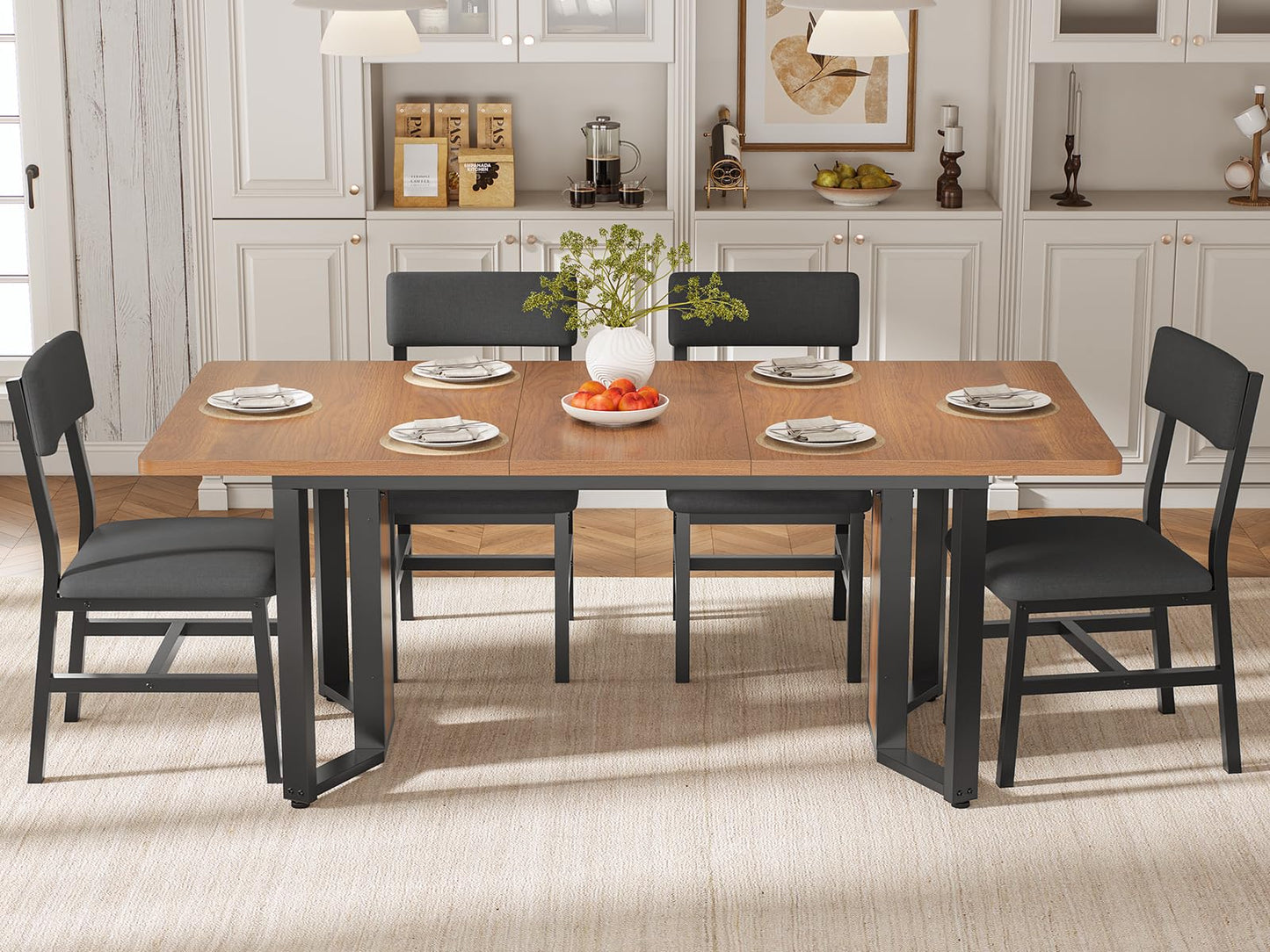 Itaar 5-Piece Dining Table Set for 4-6 People, 63" Extendable Kitchen Table and 4 Cushion Chairs, Dining Room Table with MDF Board & Metal Frame for Small Space, Easy Clean, Brown
