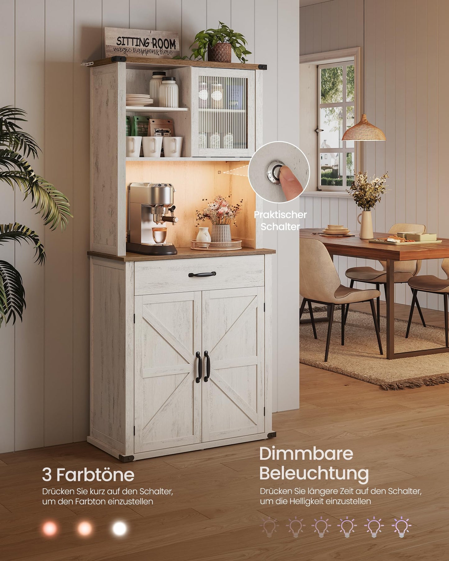 VASAGLE Sideboard with Lighting and Charging Station Kitchen Cabinet Storage Cabinet with Doors and Drawers 39.5 x 106.5 x 180.6 cm Adjustable Shelves Country Style Vintage White BBK391W02