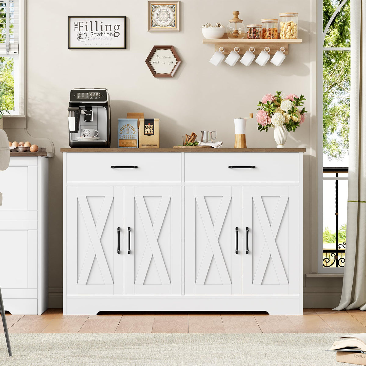 HOCSOK Sideboard, 120 cm Wide Kitchen Cabinet with Worktops, Kitchen Buffet Storage Cabinet with 2 Drawers and 4 Doors, Living Room, Kitchen, Hallway, White & Brown