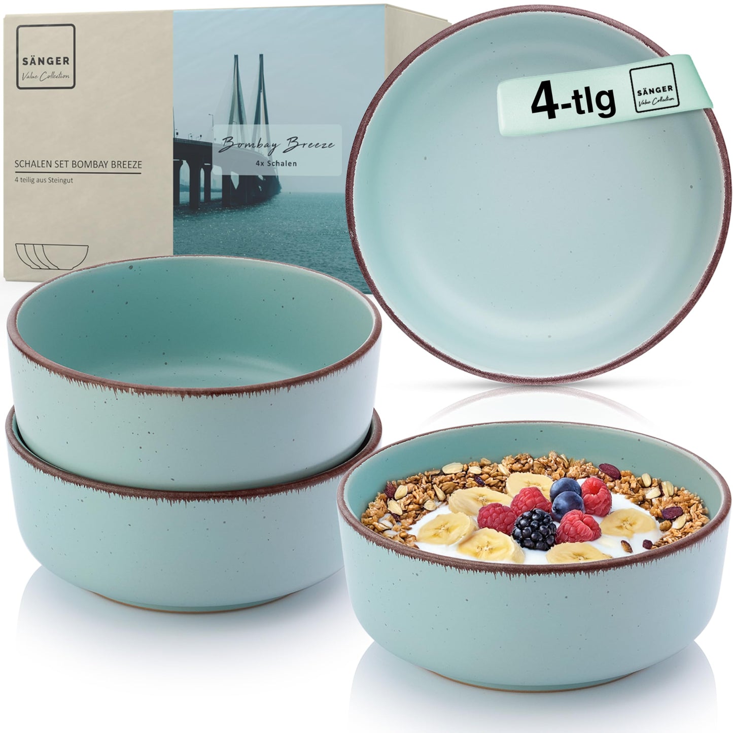 SÄNGER Bombay Seabed Crockery Service 20 Pieces, Stoneware Crockery for 4 People, 4 x Dinner Plates, 4 x Dessert Plates, 4 x Bowls, 4 x Pasta Plates, 4 x Coffee Mugs, Plate Set Colourful Value