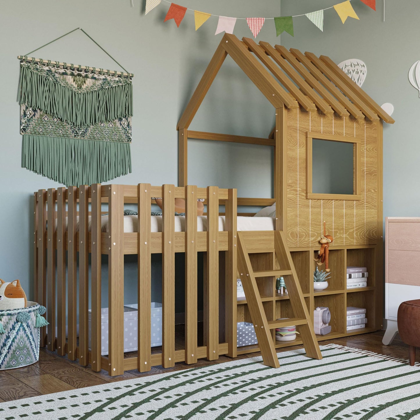 Children's Bed, House Bed 90 x 200 cm, Children's Bed Frame with Roof and Window, with Open Storage Space, with Climbing Ladder, Slatted Frame, Solid Wood Bed, Wooden Bed without Mattress (White)