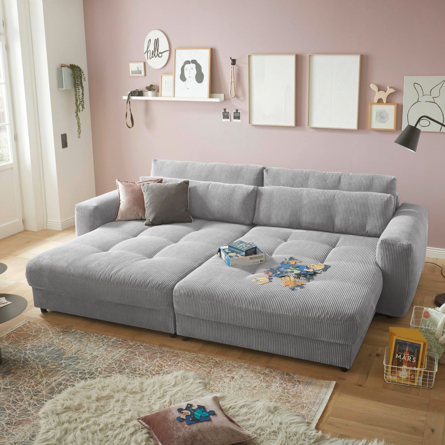 Barura Big Sofa in Corduroy Look, Ash - Comfortable Living Room Couch with Large Lying Surface - 292 x 90 (74) х 194 cm (W x H x D)