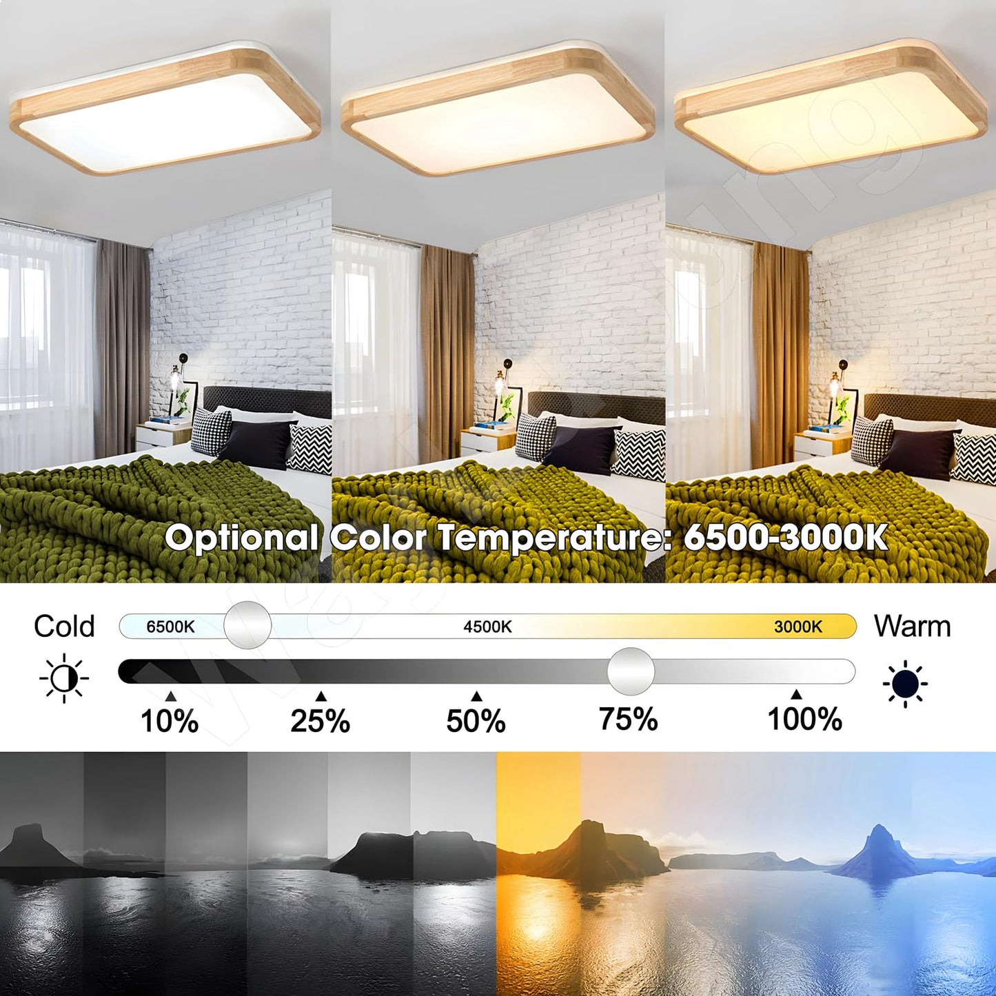 LED Wooden Ceiling Light, Diameter 30 cm, 3000 K, 1620 lm, 18 W, Ceiling Light with Square Top, 360° Luminous Natural Wood, Bedroom, Living Room, Children's Room, Kitchen, Dining Room (Warm White)