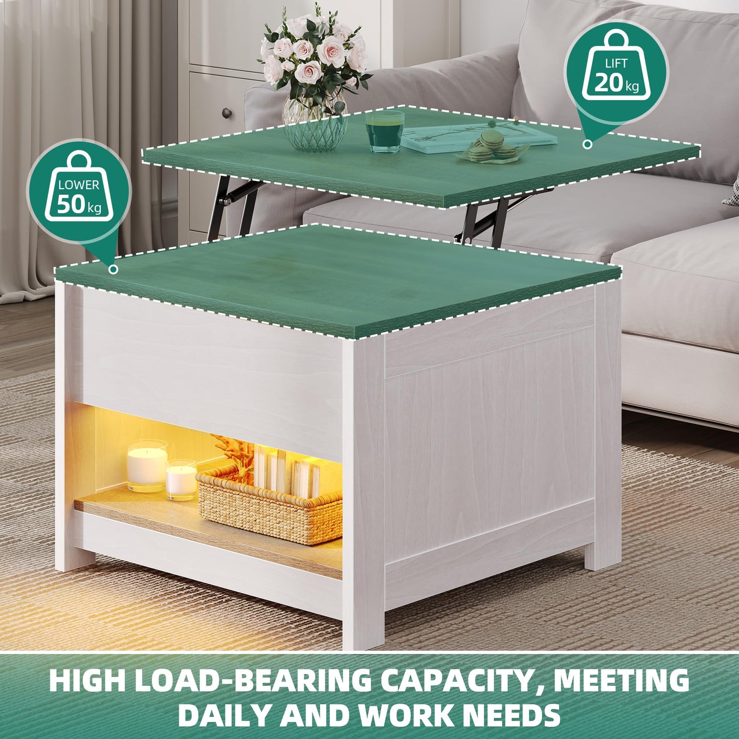 YITAHOME Coffee Table, Square Living Room Table 2-Tier Coffee Table with Storage Space for Couch Bedroom, Sturdy Metal Frame, 80 x 80 x 45 cm