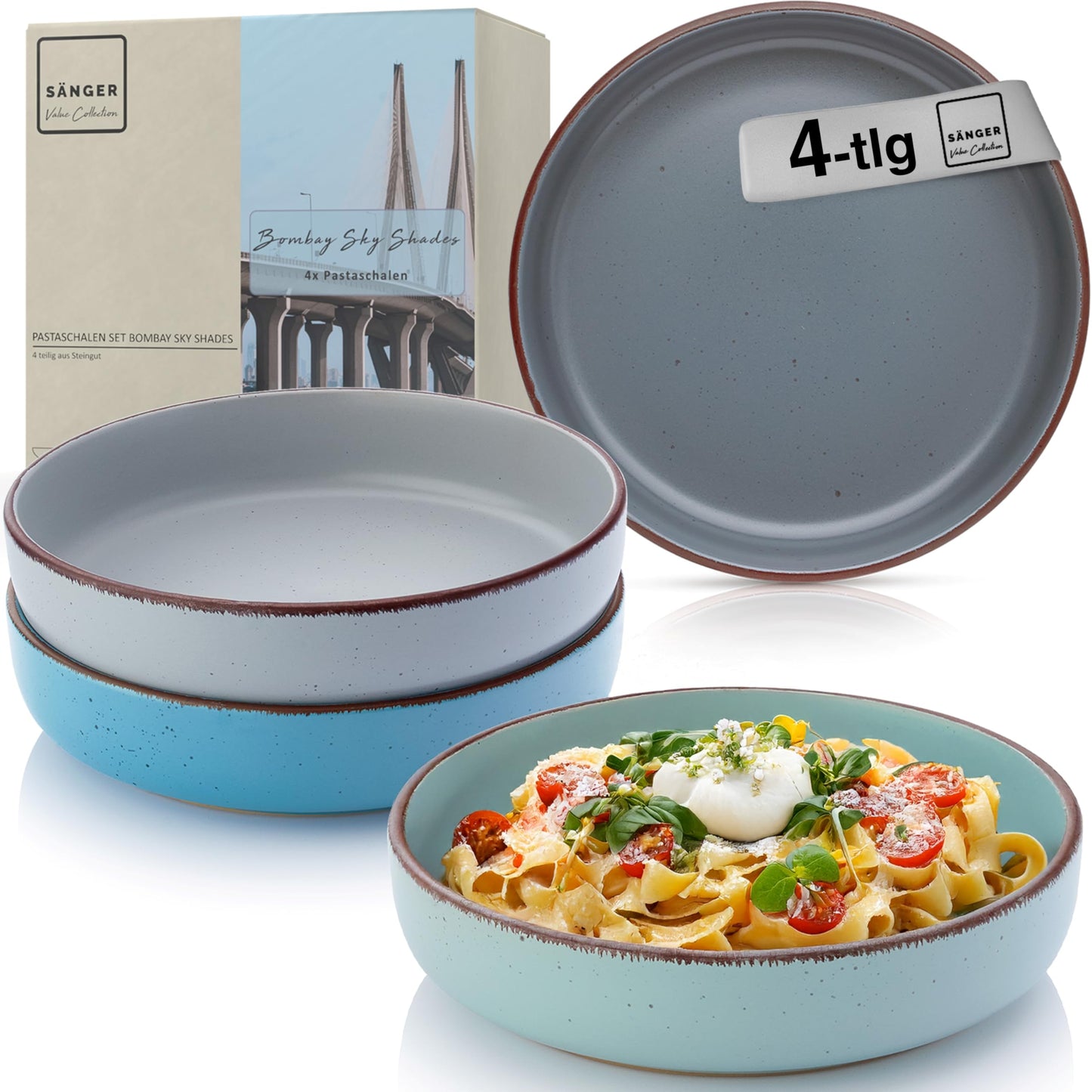 SÄNGER Bombay Seabed Crockery Service 20 Pieces, Stoneware Crockery for 4 People, 4 x Dinner Plates, 4 x Dessert Plates, 4 x Bowls, 4 x Pasta Plates, 4 x Coffee Mugs, Plate Set Colourful Value