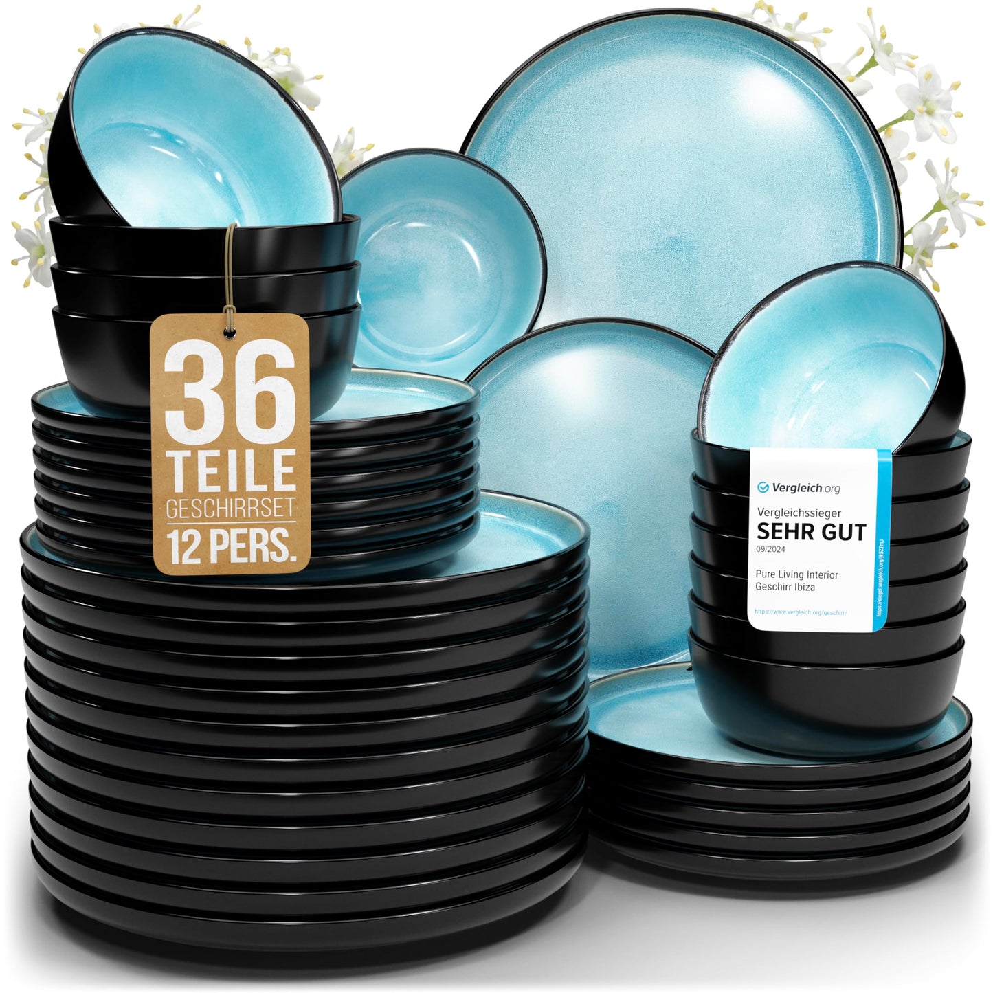 Ibiza Stoneware Crockery Set for 12 People, 48 Pieces, Test Winner, Dreamlike Mediterranean Stoneware Crockery Set, Bowl and Plate Set, Dinner Service for 12 People, Pure Living Crockery Sets in Deep