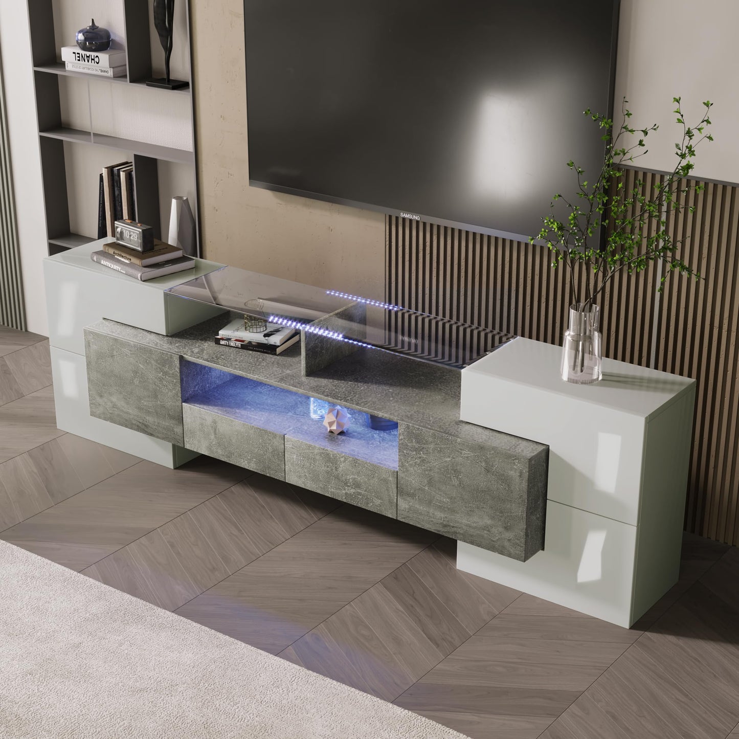 LANTRO JS TV Cabinet 200 cm Long with Elegant Glass Surface, TV Lowboard in Marble Look, TV Cabinet with LED Lighting, White and Black