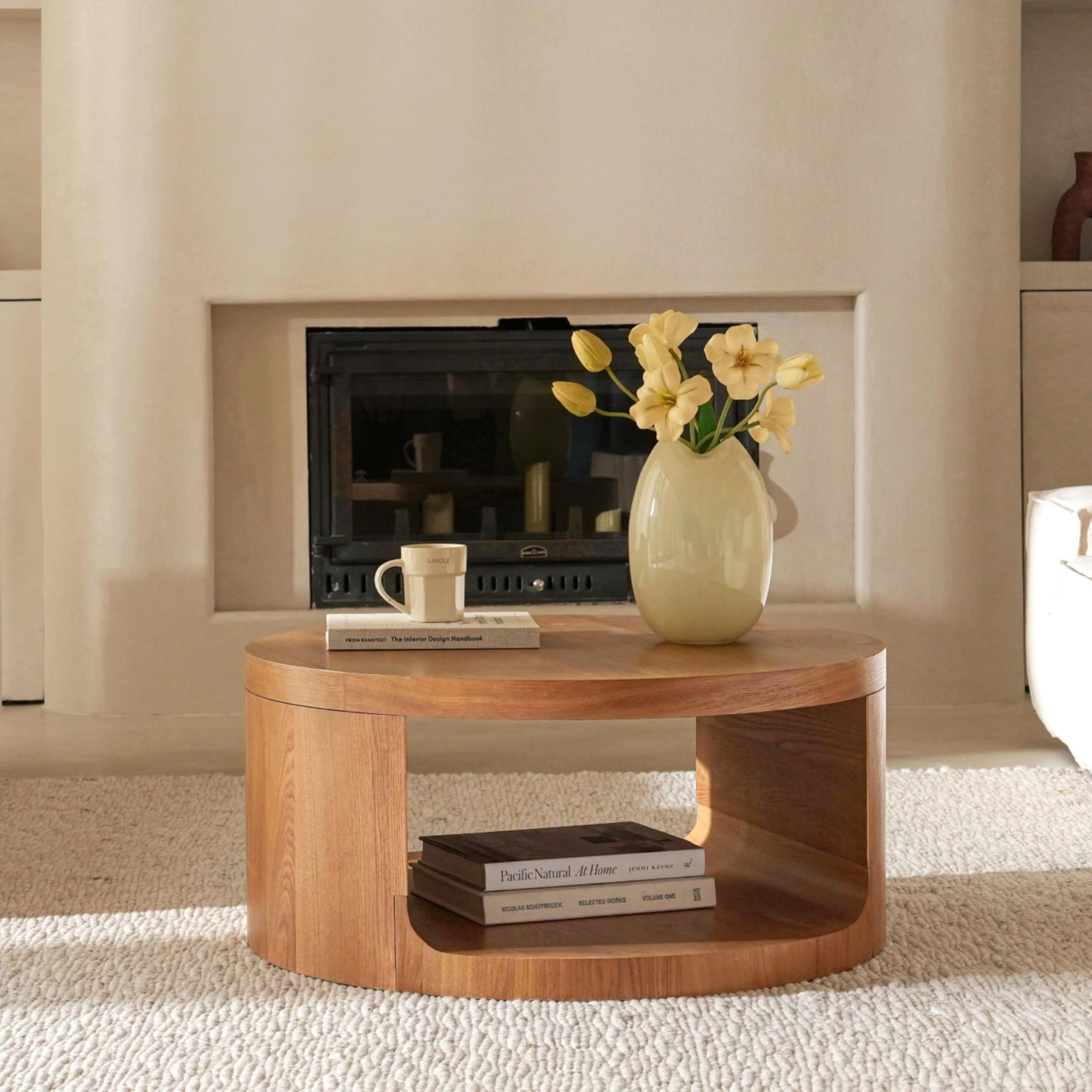 Round Wooden Coffee Table, Living Room Table with Large Storage Space, Coffee Table No Assembly Required, Modern Sofa Table for Living Room, Bedroom, Diameter 80 x 36 cm, Coffee Table (Black)