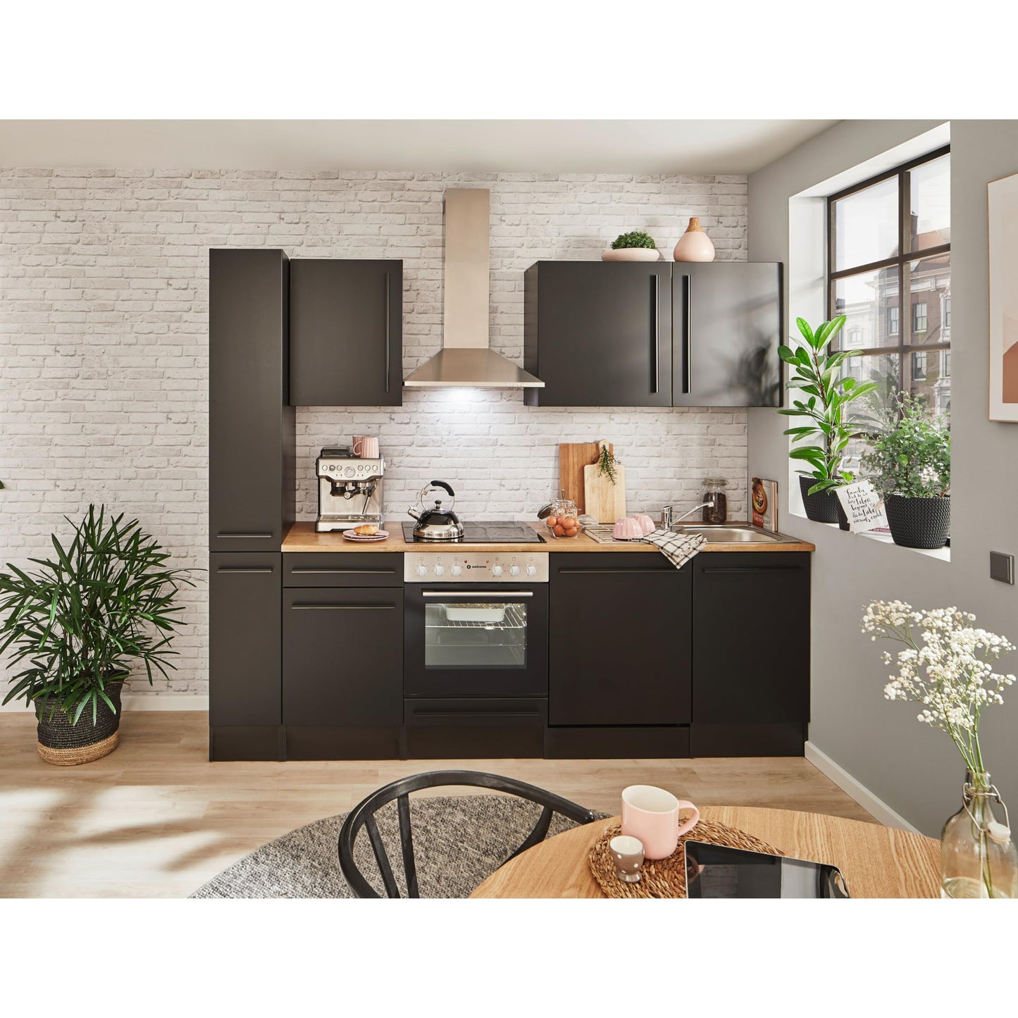 Jazz 8 Modern Kitchen Unit without Electrical Appliances in Anthracite, Artisan Oak Look, Spacious Fitted Kitchen with Lots of Storage Space, 220 x 211 x 60 cm (W x H x D)