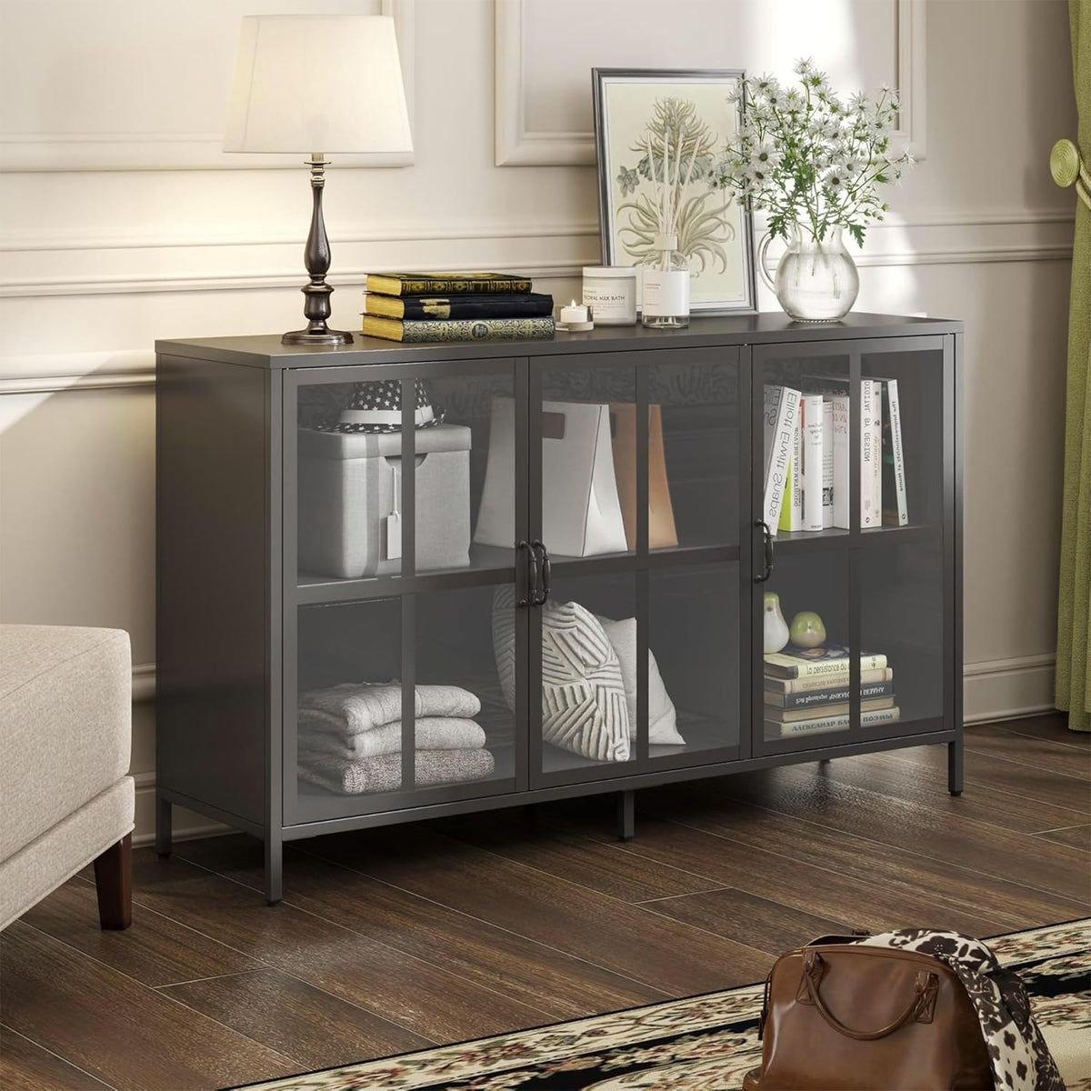 Metal Cabinet with Glass Doors, Sideboard Kitchen Cabinet, Glass Display Cabinet with Adjustable Shelf, Sideboard Cabinet for Kitchen, Dining Room, Living Room, 40 D x 120 W x 84 H cm, Black