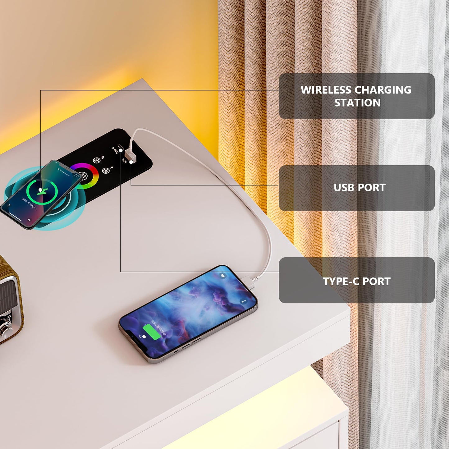 Lvifur Buffet Cabinet, Sideboard, White, Storage Cabinet with Wireless Charging Station, Automatic Sensor, RGB 20 Colours, Dimmable Sideboard, Intelligent Sensors, Chest of Drawers, Living Room, White