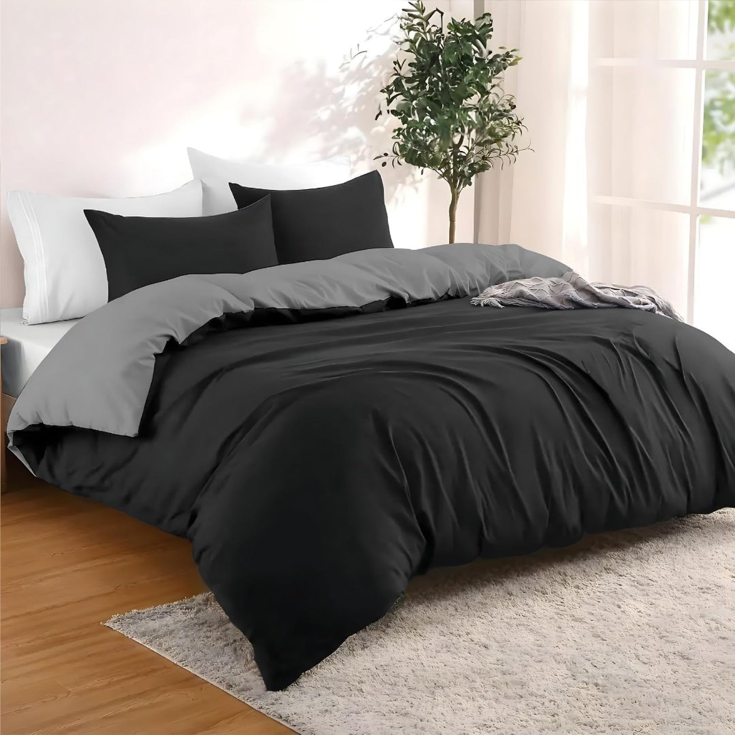 Dreamzie - Bed Linen Set 200 x 200 cm with 2 Pillowcases 80 x 80 cm Light Grey/White - 1 Duvet Cover 200 x 200 cm Made of 100% Microfibre - Certified No Chemicals (Oeko Tex)