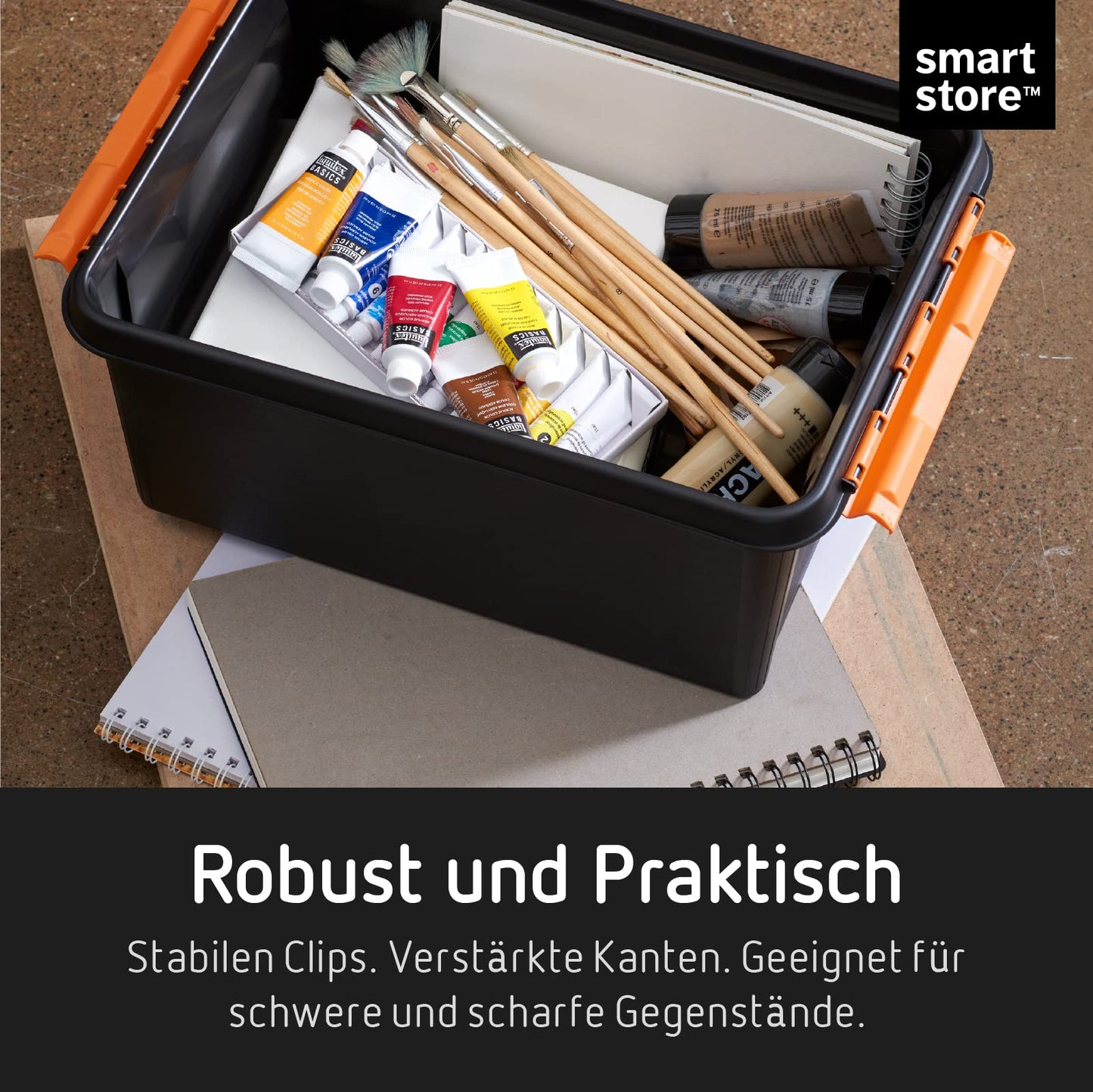 SmartStore Large Storage Boxes with Lids - Set of 4 for Tool Storage - Sturdy 49L Storage Box - Nesting on Top of Each Other - BPA Free - 59 x 39 x 34 cm - Black