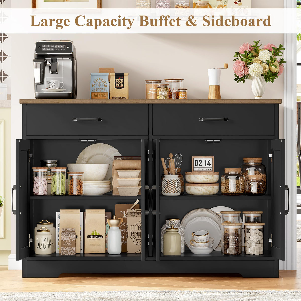 HOCSOK Sideboard, 120 cm Wide Kitchen Cabinet with Worktops, Kitchen Buffet Storage Cabinet with 2 Drawers and 4 Doors, Living Room, Kitchen, Hallway, White & Brown