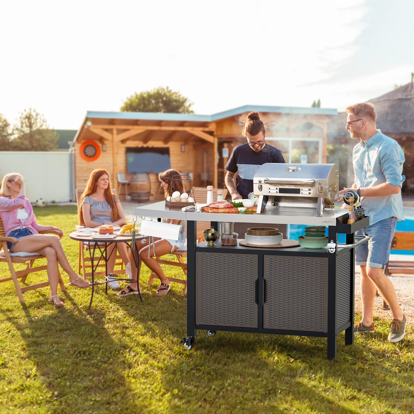 onlyfire Outdoor Barbecue Table, Grill Trolley with Folding Side Shelves, Outdoor Serving Trolley with Wheels, BBQ Table, Outdoor Side Table, Three Levels, Stainless Steel Table Top, 97.5 × 56 × 91 cm