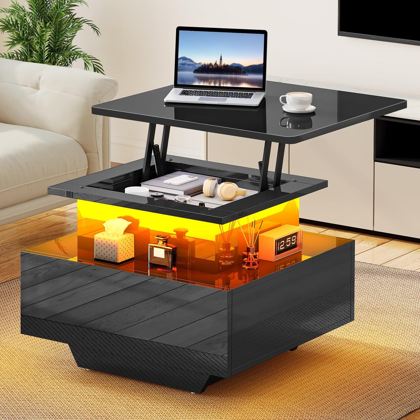 YITAHOME Coffee Table Height Adjustable with LED Lighting Modern 60 x 60 x 45 cm Living Room Table High Gloss with Open Display Shelf and 2 Drawers