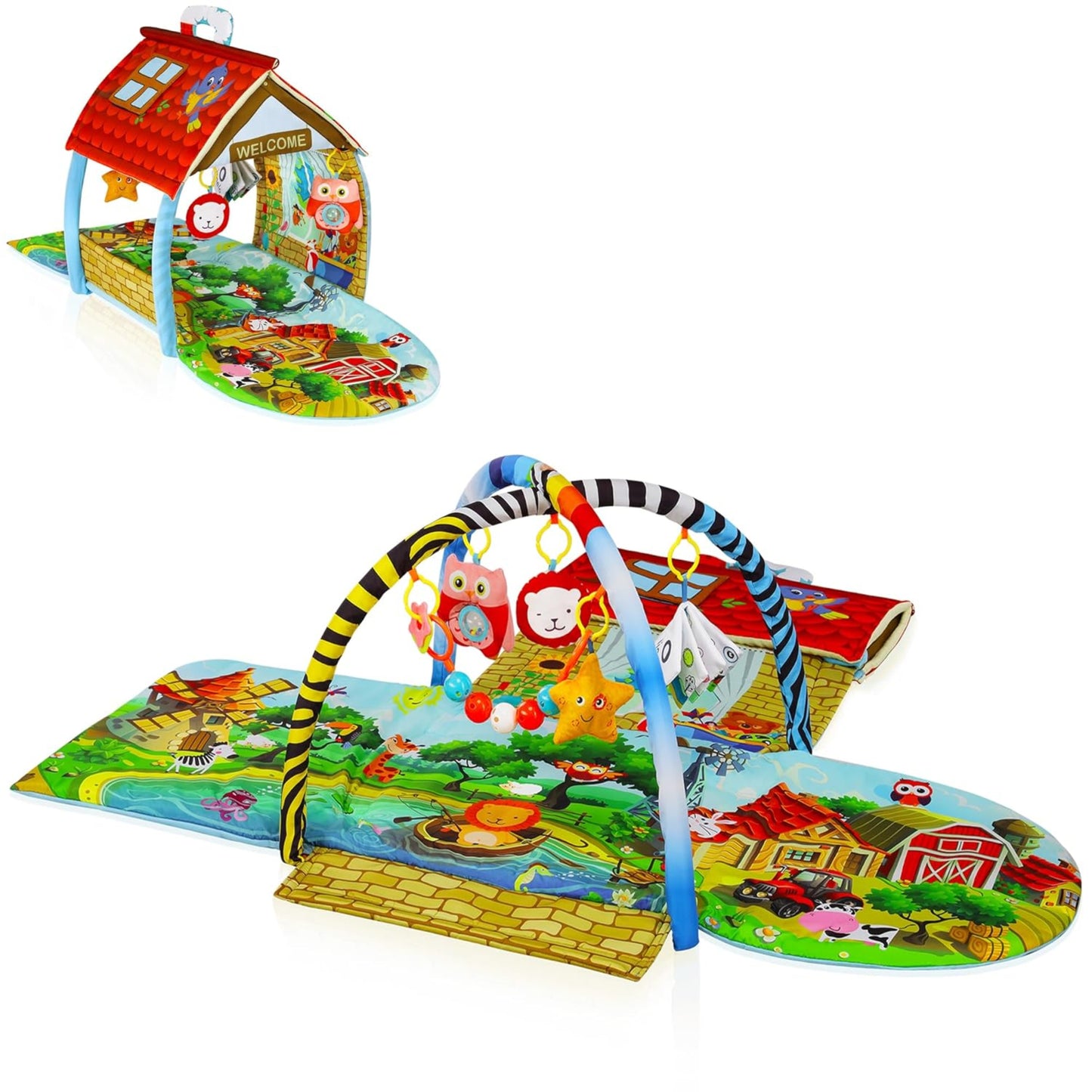 Lionelo Agnes 2-in-1 Play and Activity Mat with House and Toys, Suitable from Birth