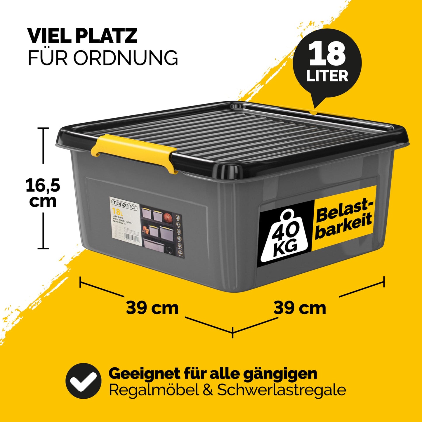 Monzana 4 x Storage Boxes 40 L with Lid 40 kg Load Capacity Plastic BPA Free Click Closure Stable Flexible Stackable Opaque Cellar Garage Box