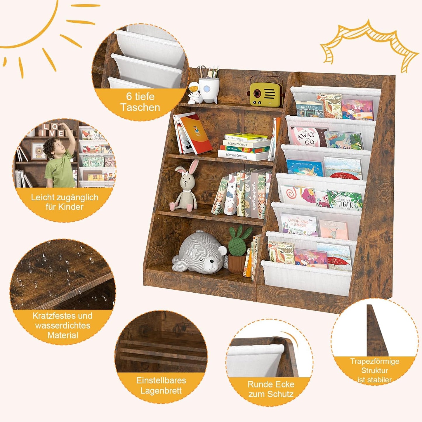 Children's Shelf, White with 5 Shelves and 4 Open Compartments, Bookcase for Children, Toy Organiser, 90 x 40 x 80 cm