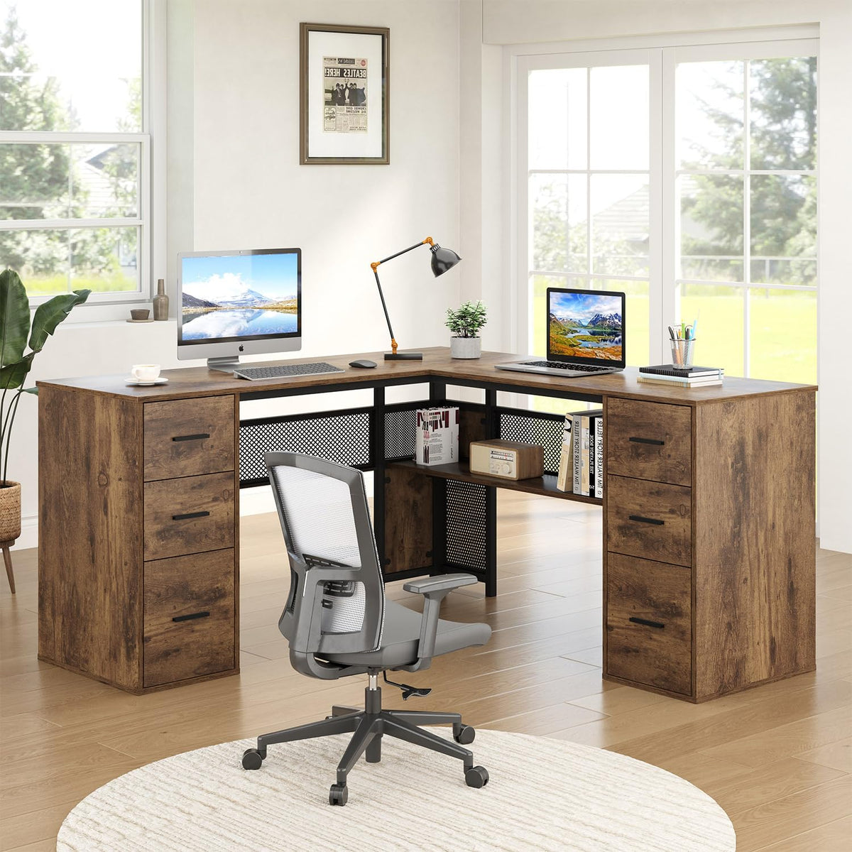 HSH L Shape Desk with Storage Space, Large Corner Desk, Computer Desk with Drawers and Shelves, Home Office, Bedroom, Metal, Wood Desks, Light Grey Oak, 150 cm