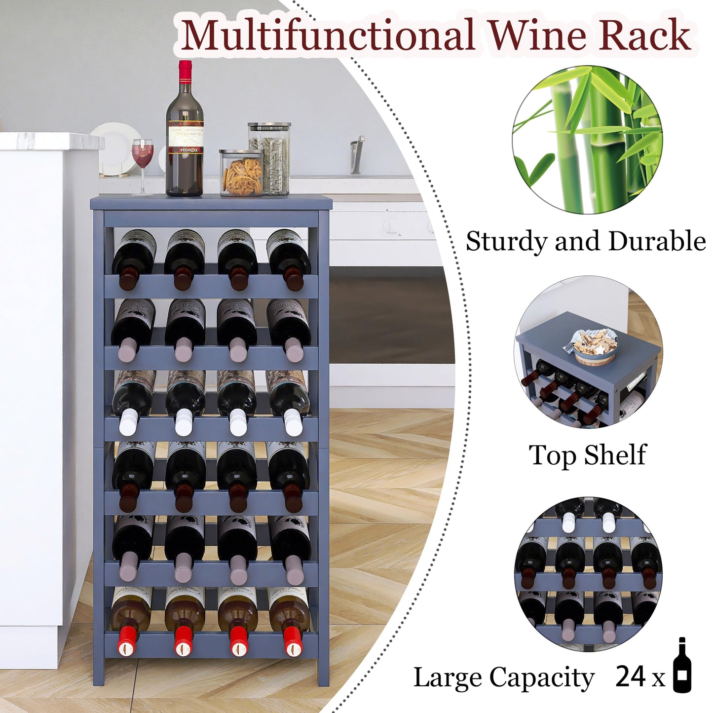24 Bottle Wine Rack Freestanding Base, 6 Tier Wine Display Storage Shelves with Table Top, Bamboo Wine Bottle Holder Stand with Wave Bars for Kitchen, Dining Room, Pantry, Black