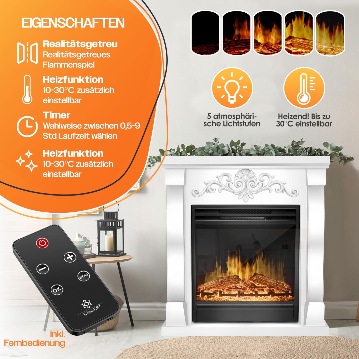 KESSER® Electric Fireplace with LED 3D Flame Effect, Heating Function, 1,800 W Power, Timer, Thermostat, Remote Control, Dimmable, Natural/Brown
