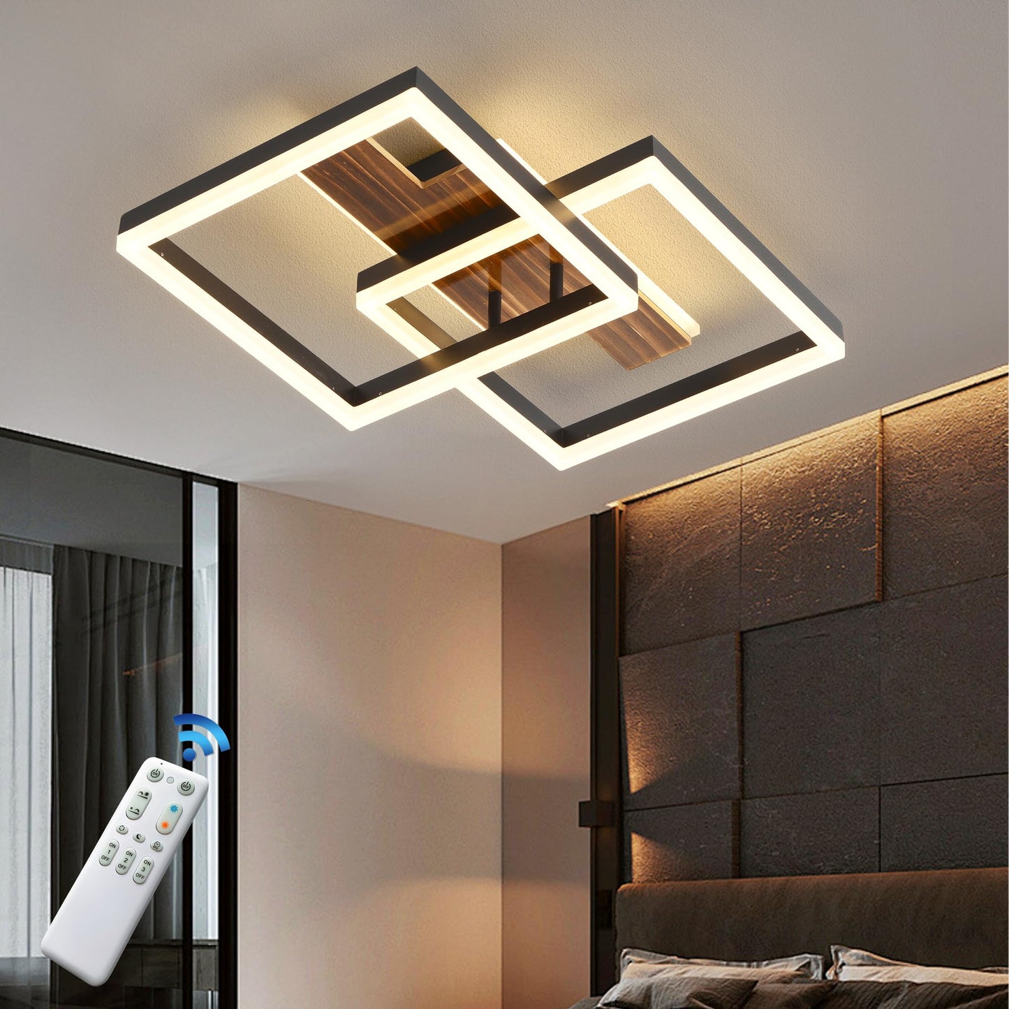 LED Ceiling Light Wood Dimmable, Rotatable 350°, Solid Wood Black Vintage Ceiling Light, 28 W, 40 cm, 2800 lm, 3000 K - 6000 K with Remote Control, Bedroom Lamp, Memory Function, 3 W Night Light
