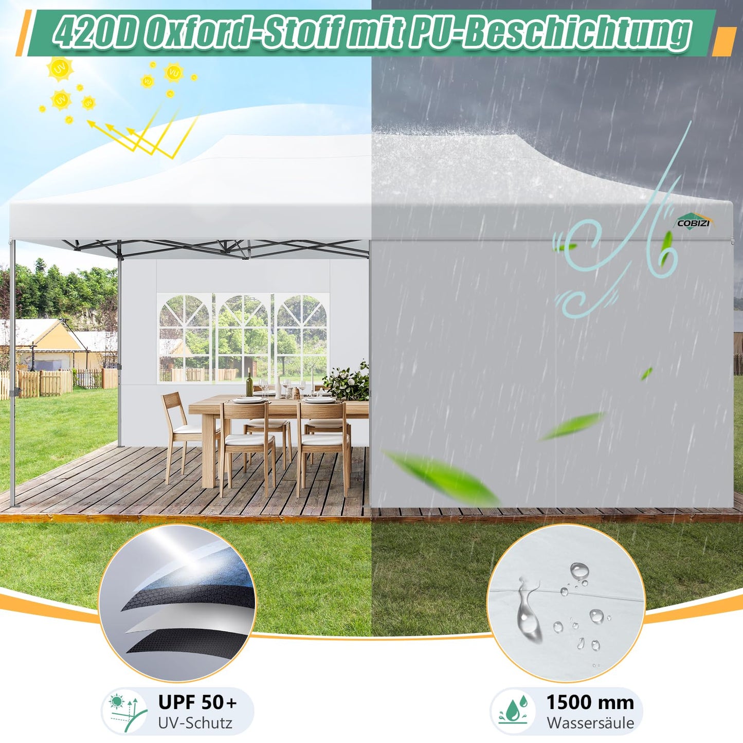 COBIZI Pavillon Faltpavillon 3x3 wasserdicht stabil Winterfest,Outdoor faltbar partyzelt，gartenpavillon mit 4 Seitenteilen und 4 Sandsack und Laufradtasche, Schwarz