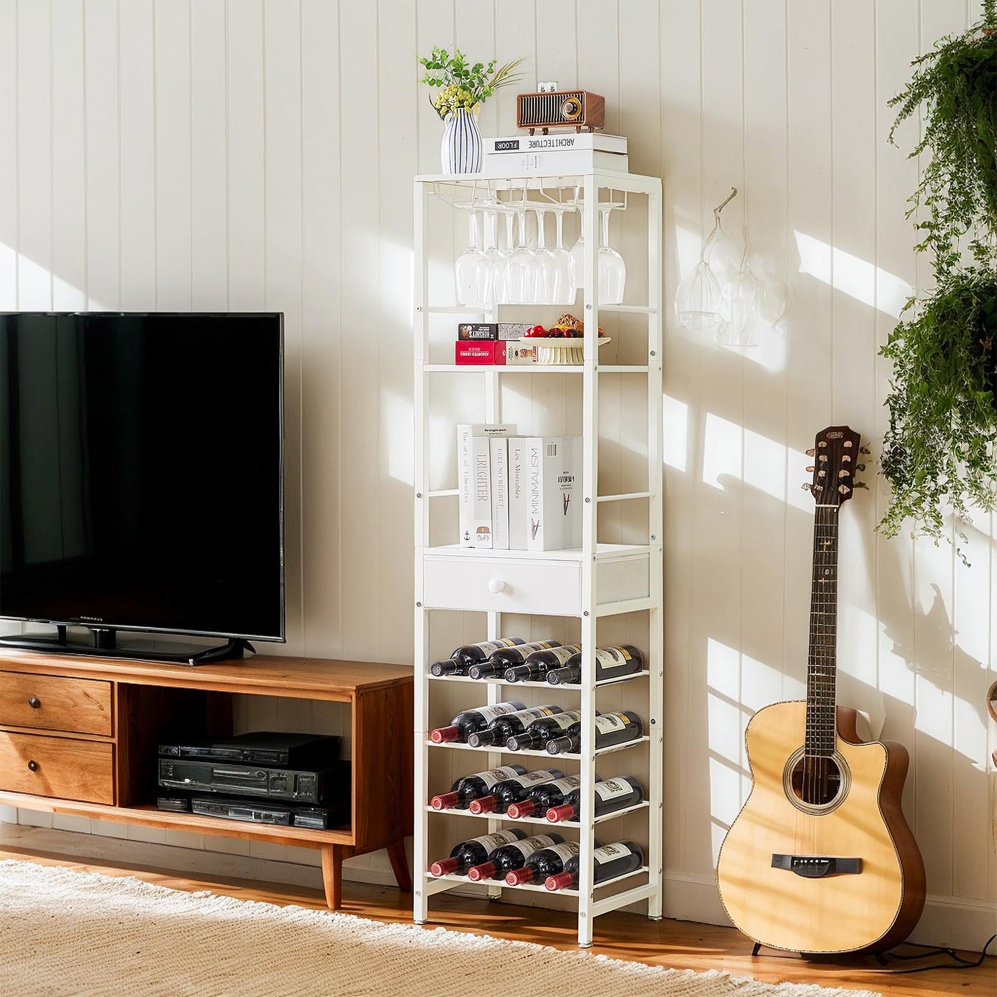 IBUYKE TMJ905H Wine Rack, 4-Layer Freestanding Wine Rack with Glass Holder and Drawer, 16 Bottle Rack, Countertop Wine Rack with Table Top Shelf, for Kitchen, Bar, Dining Room, Vintage Brown