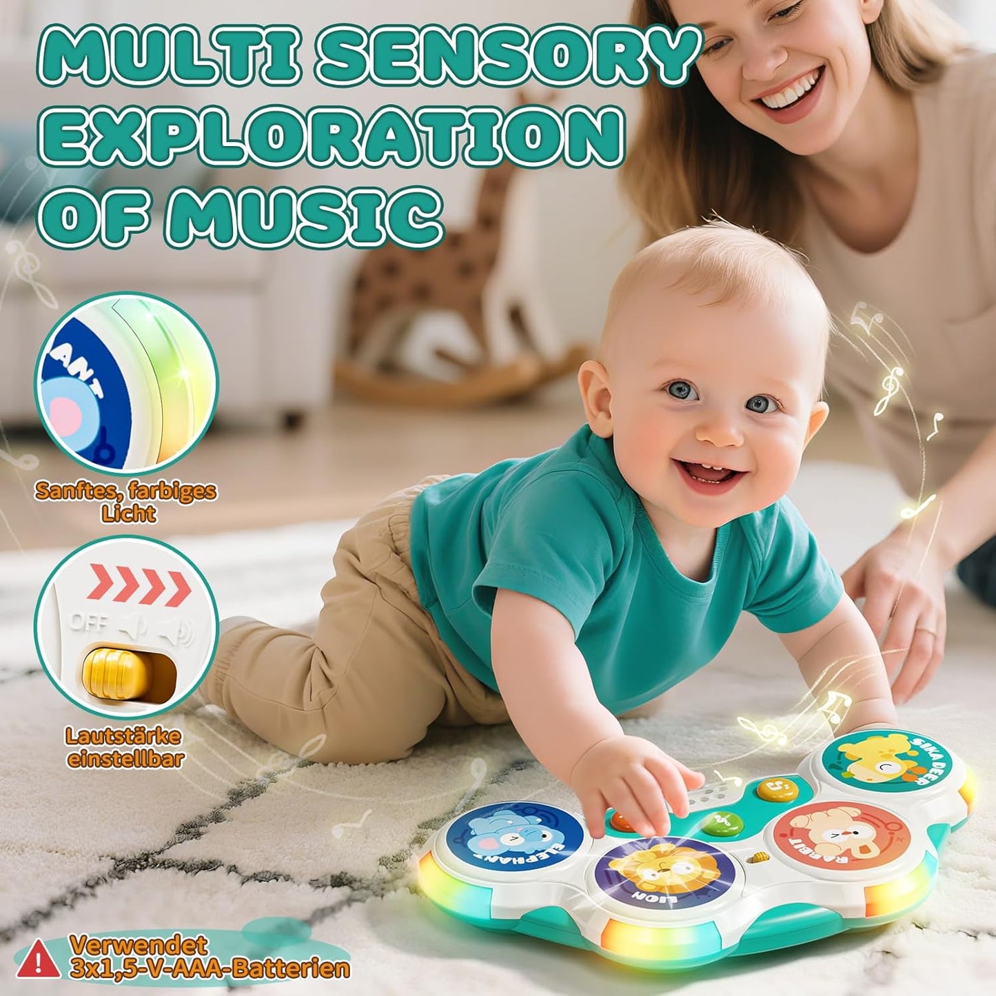 Lehoo Castle Baby Trommel Musik Spielzeug ab 6 Monate, Babyspielzeug mit 3 Arten von Klangeffekten + intelligente Spielmodus, 3 6 9 12 Monate+ Baby Geschenk sensorische Ausbildung